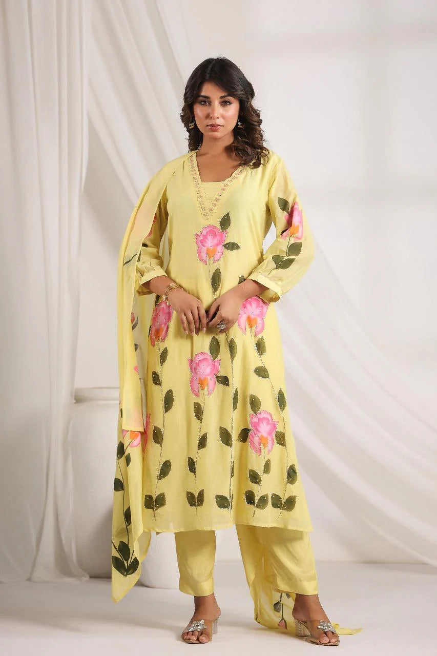 Yellow Hand printed mul chandari