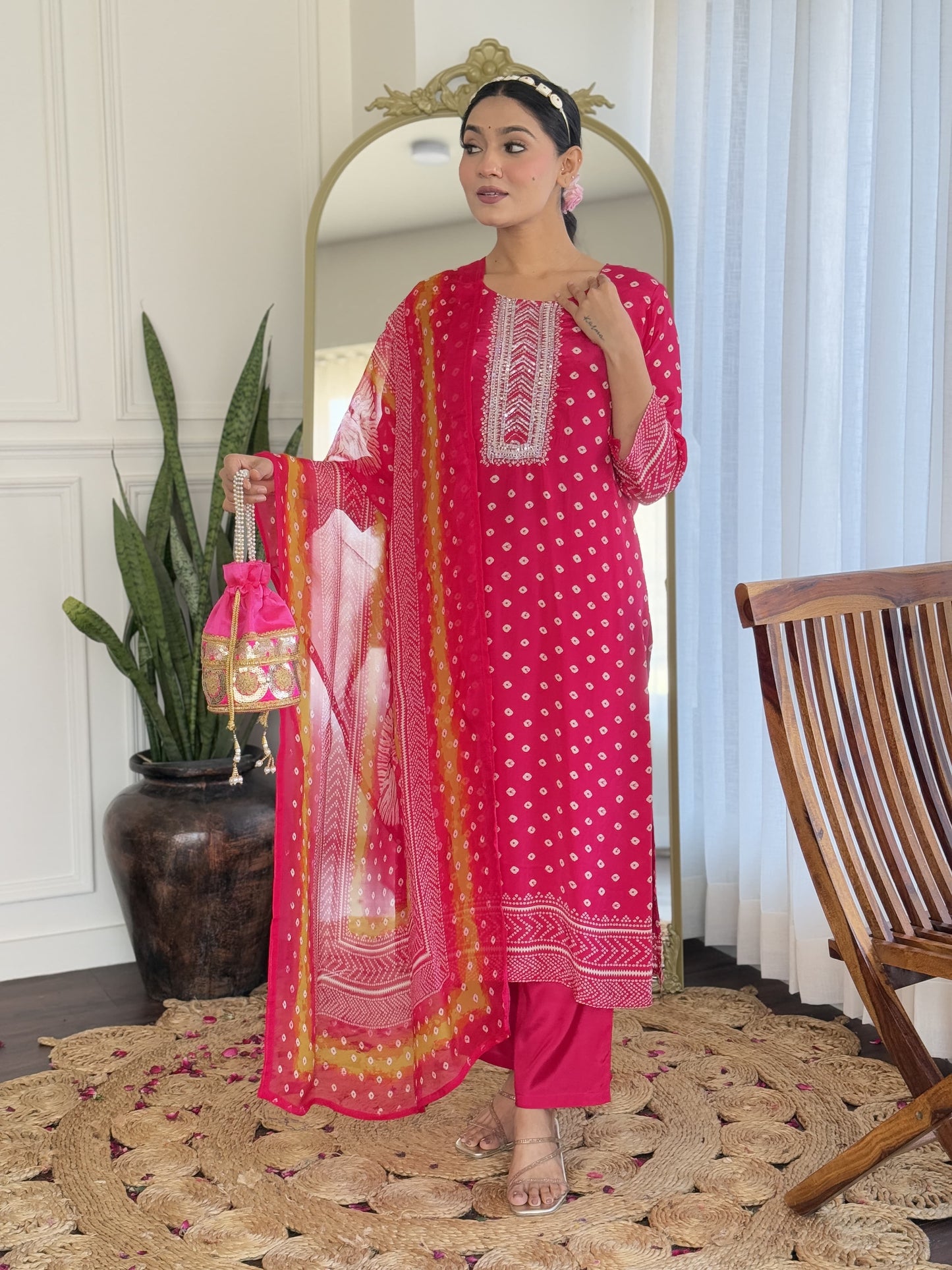 Pink Bandhani crepe suit
