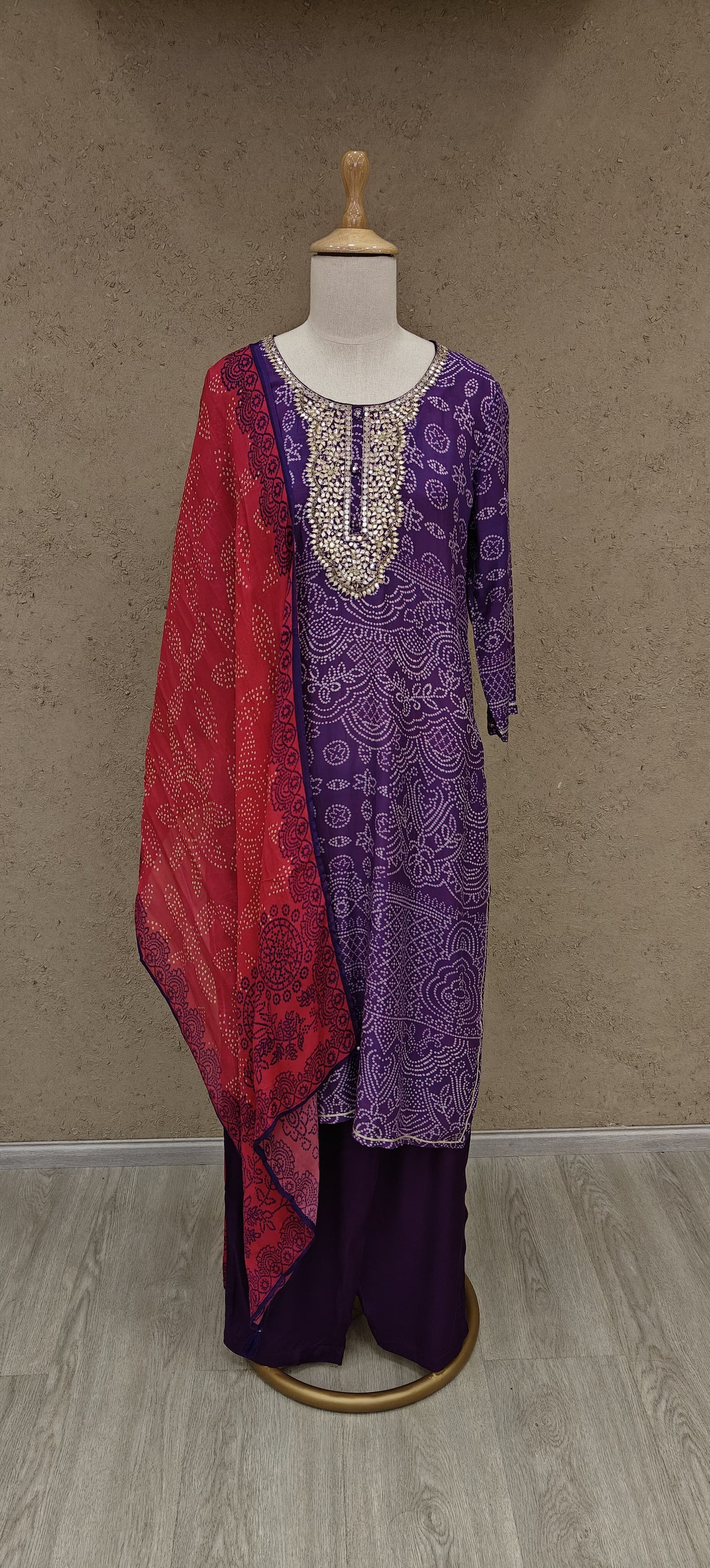 Purple Rani gota Bandhani suit