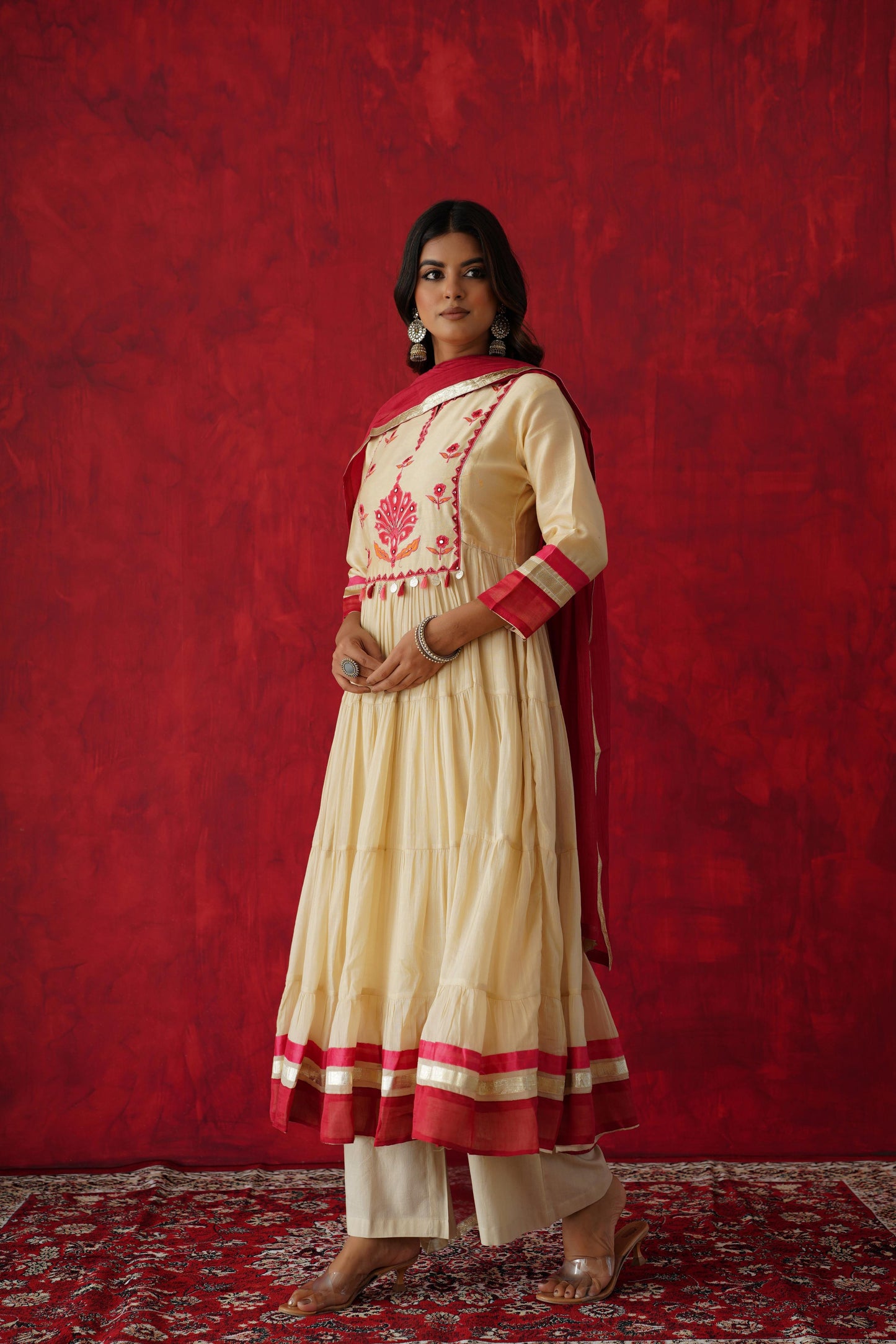 Pure Ivory mul cotton Anarkali with real mirror embroidery