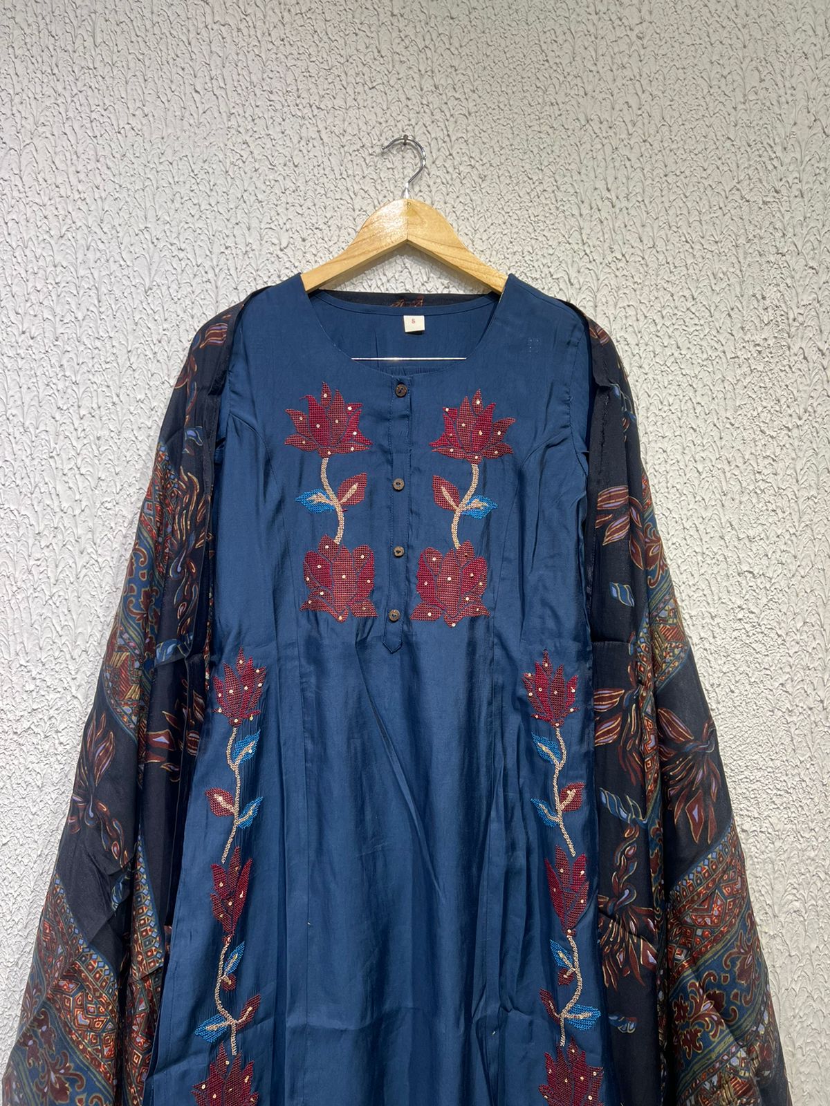 Modal rose ( black & blue)embroidery suit