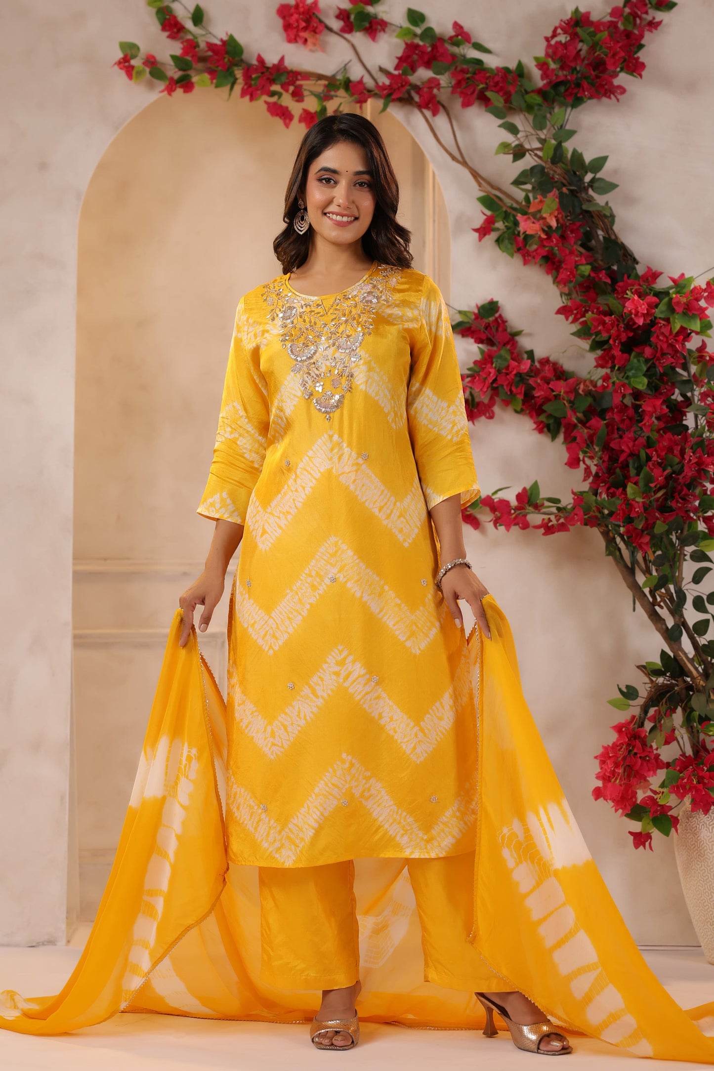 Yellow lehriya silk suit
