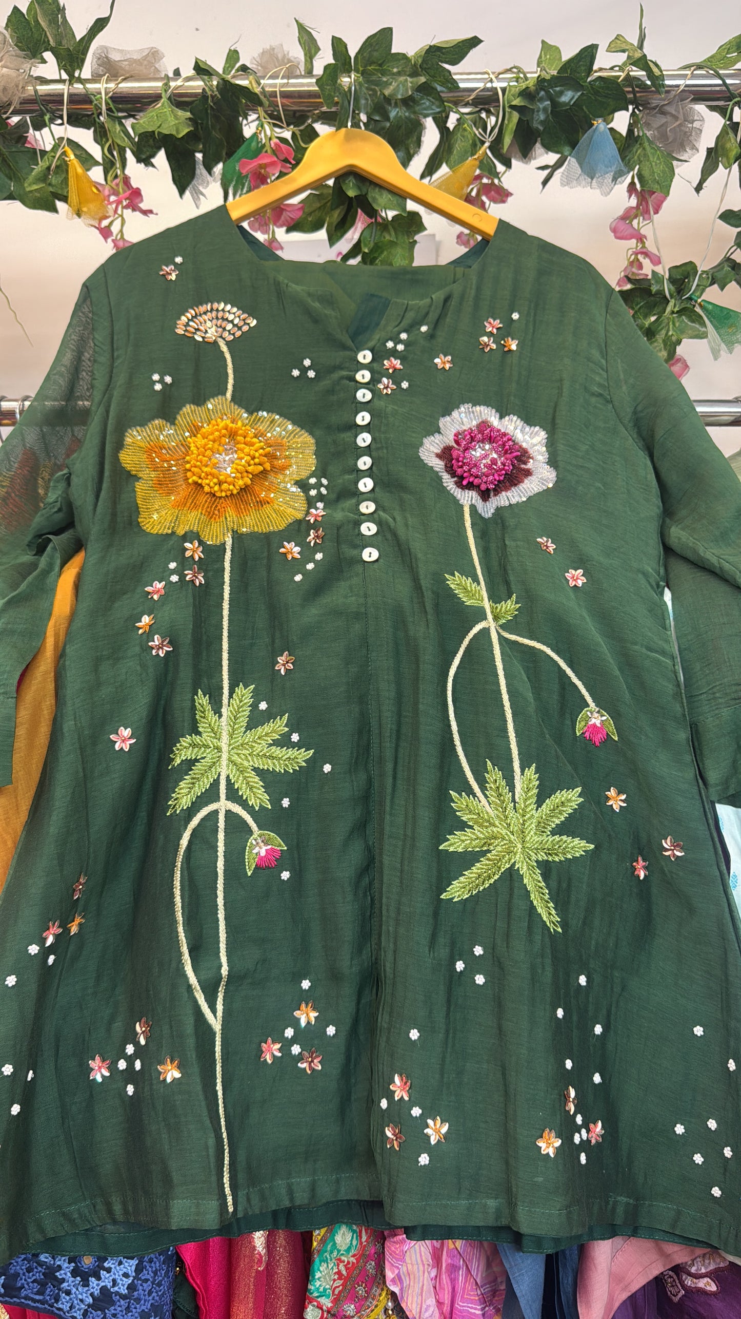 Beautiful 3d hand work green mul chandari co ord set