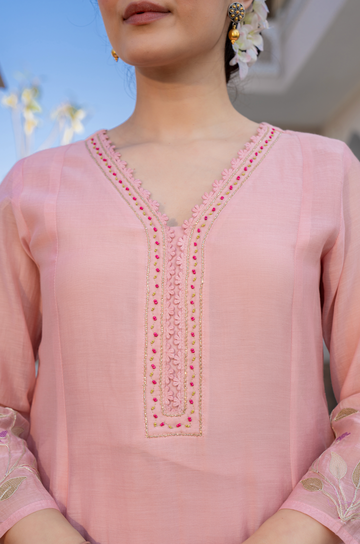 Onion pink Mul Chanderi embroidered Aline Kurti with pants and dupatt