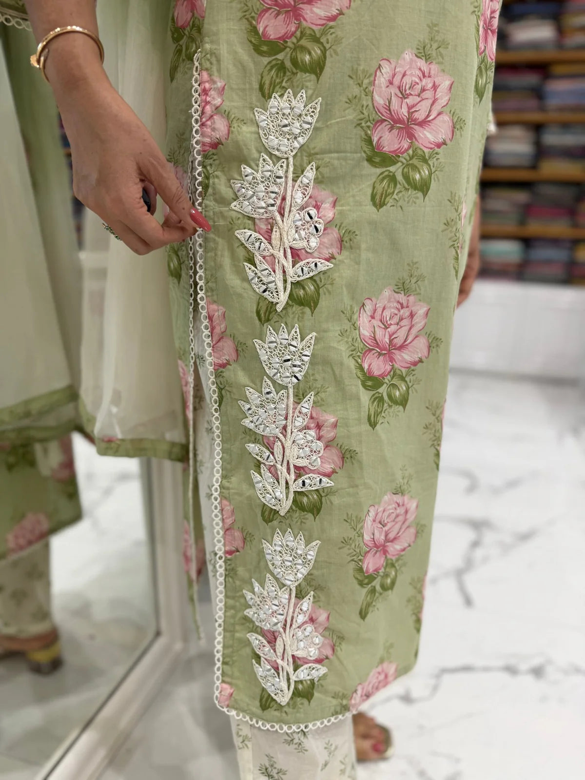 Floral pista green cotton adaa suit