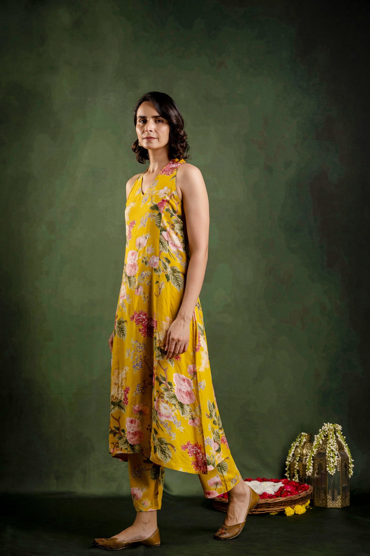 Mustard Printed Modal Embroidered Co-Ord Set