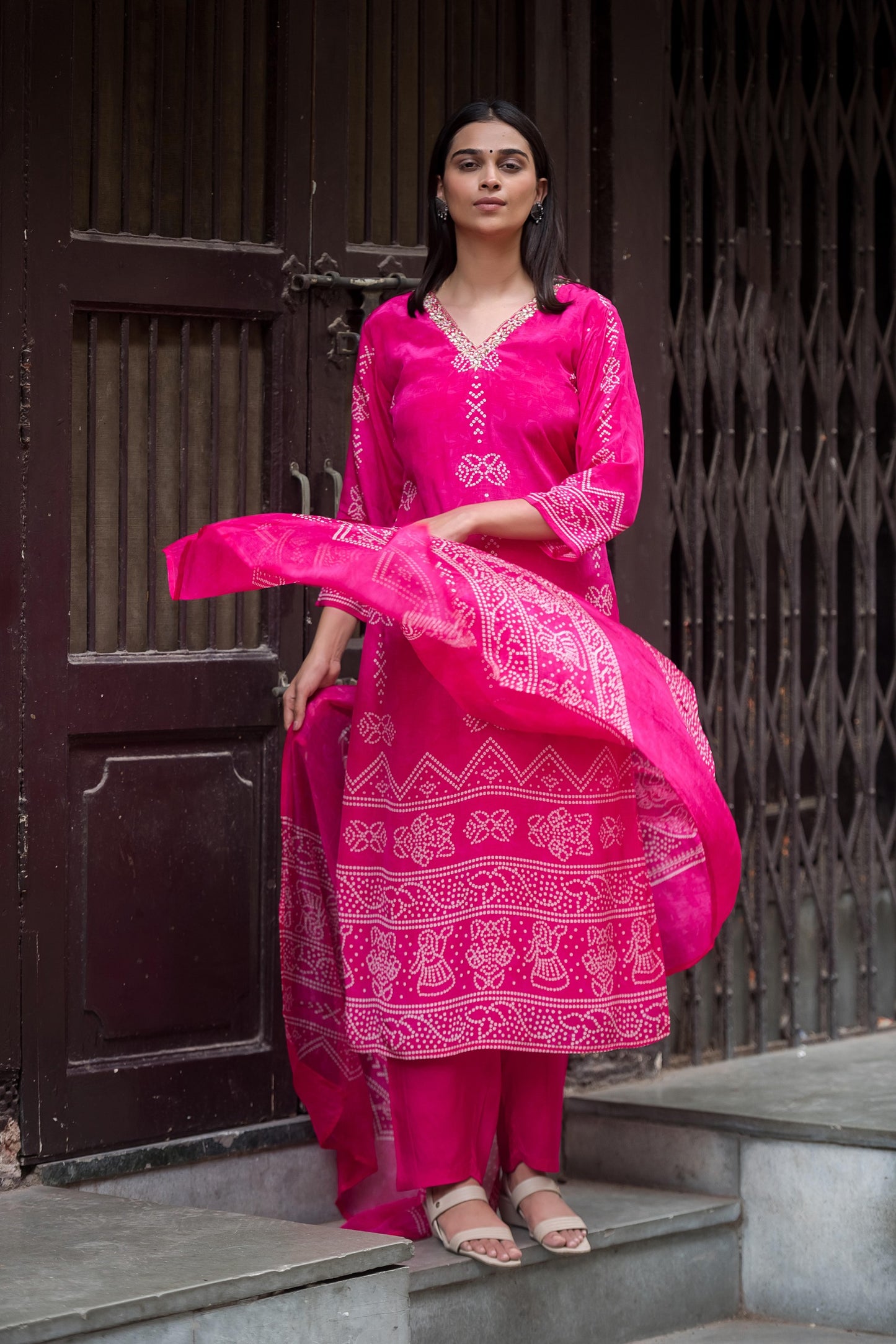 Rani pink Bandhani pure crepe suit