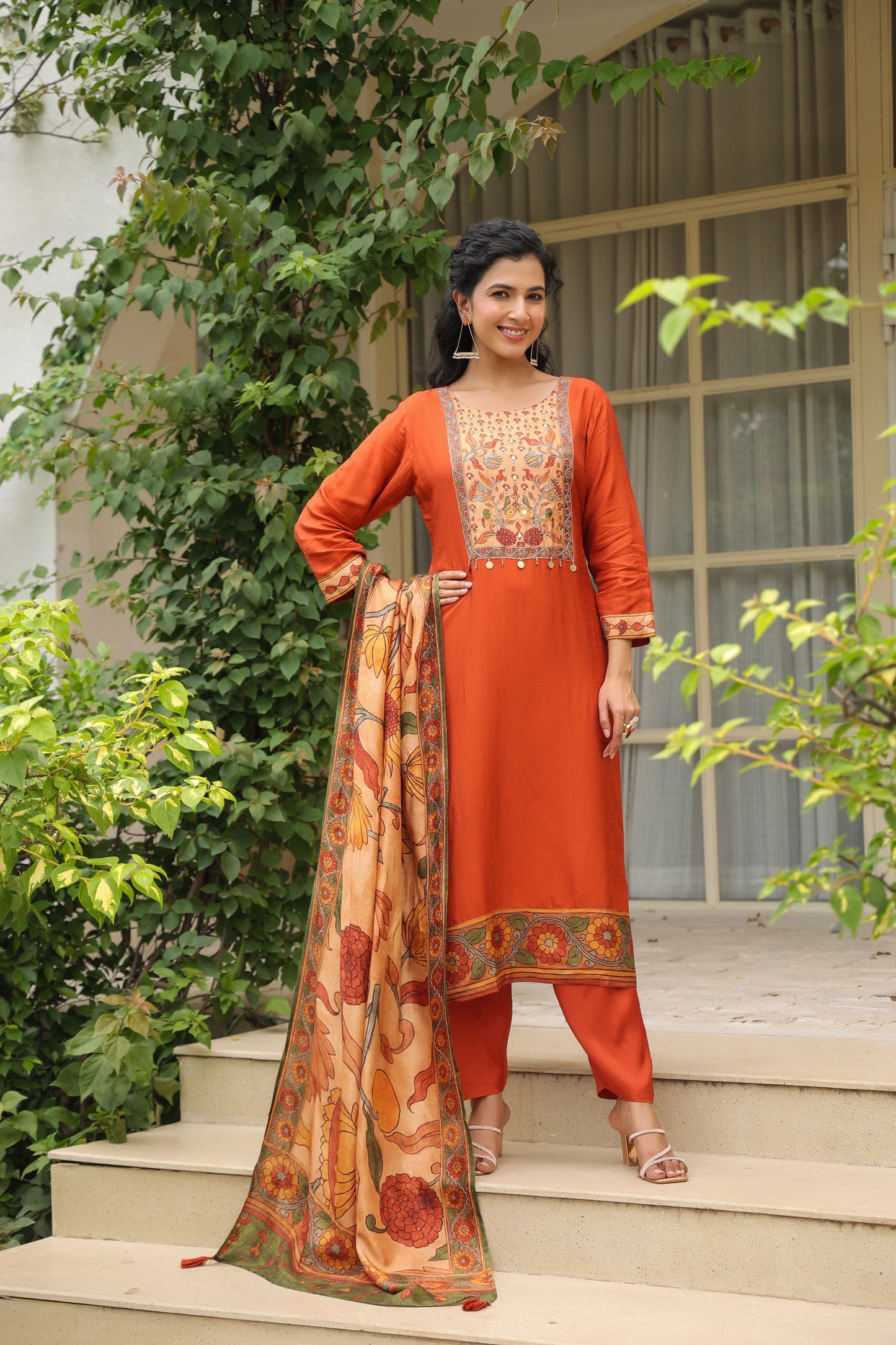 Orange silk Kamkari suit