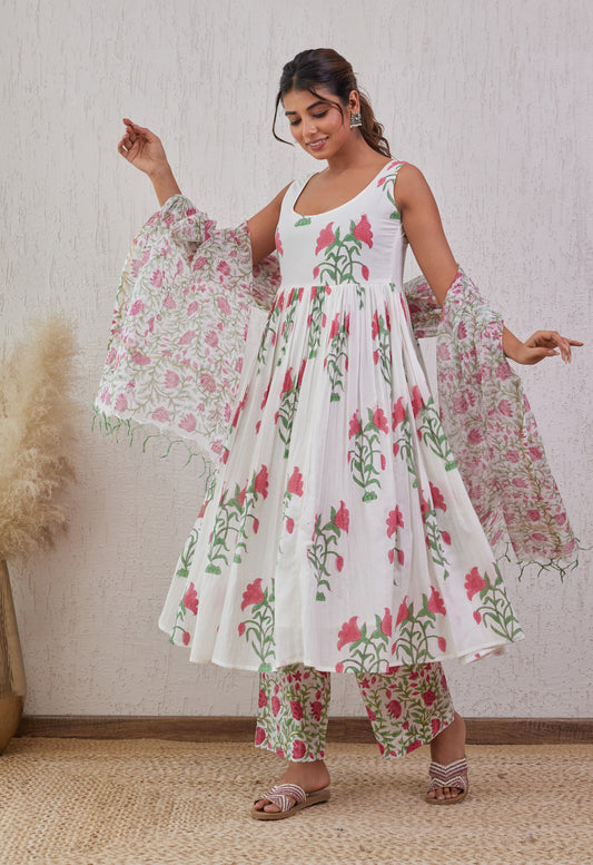 Hand block white pink/blue cotton suit