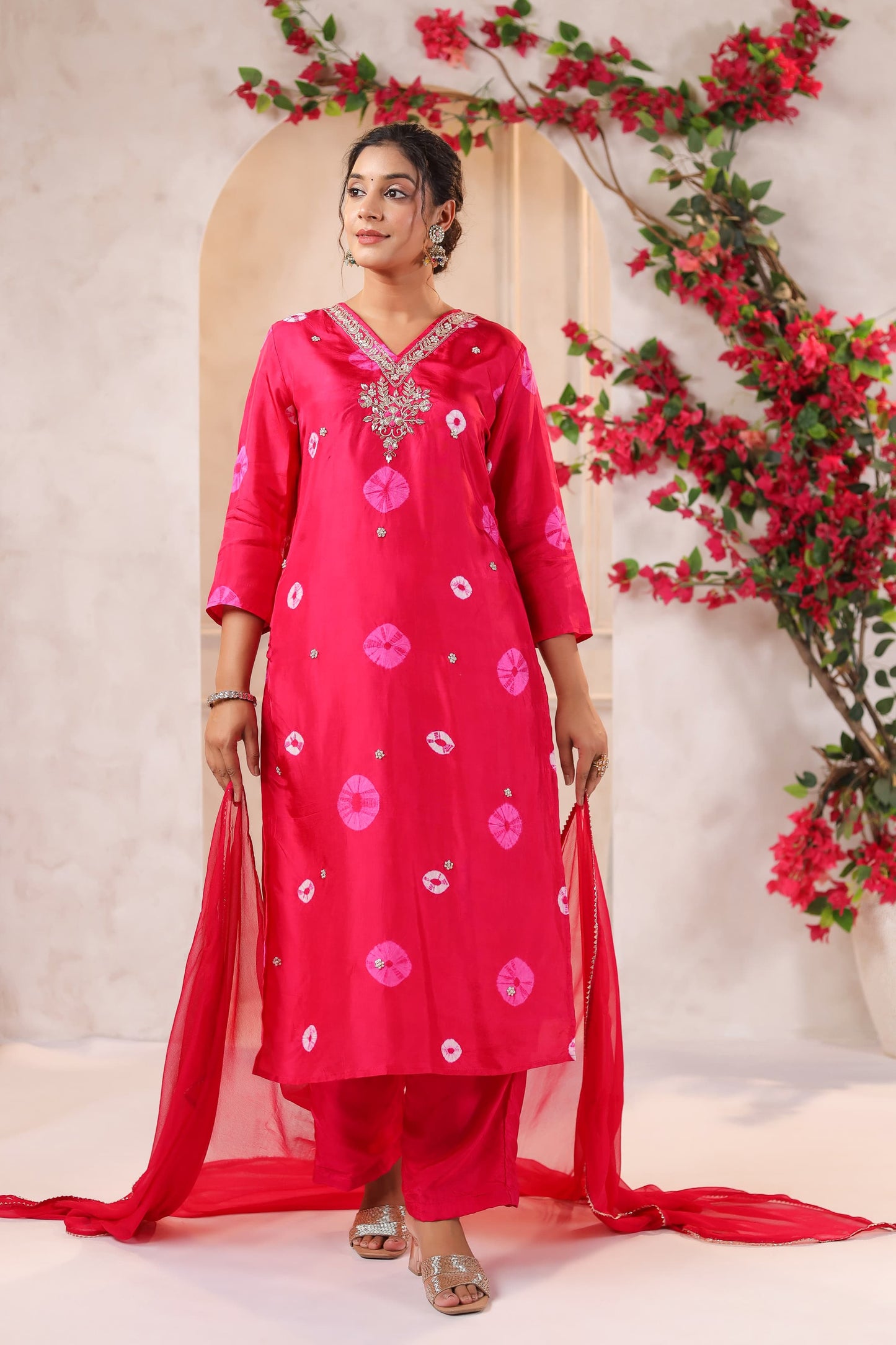 Pink Bandhani silk suit