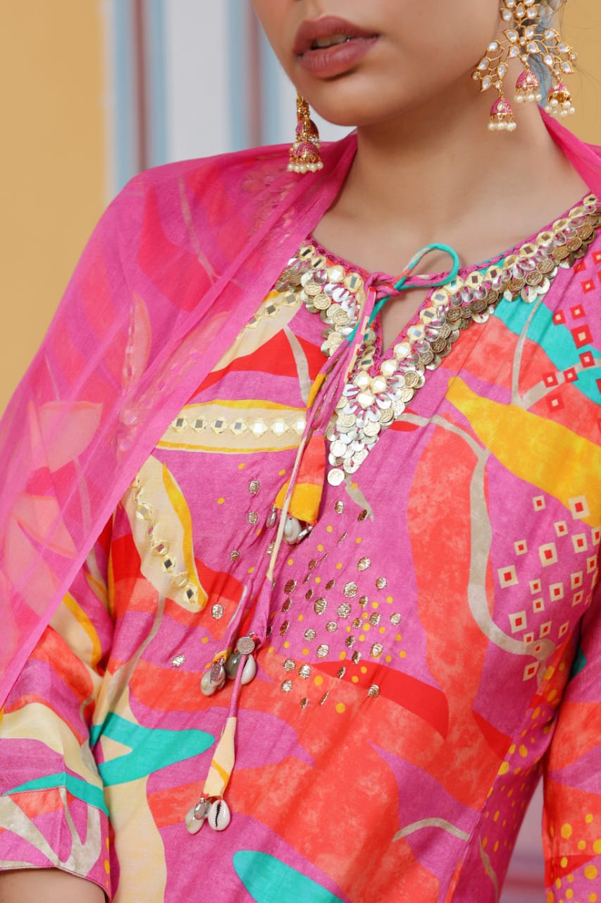 Blue and pink muslin silk