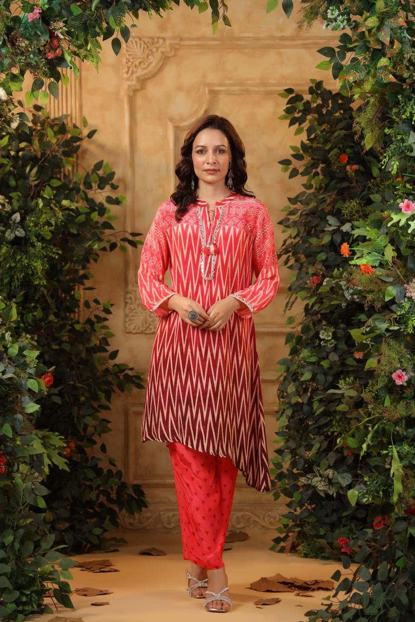 Real mirror red crepe silk co ord set