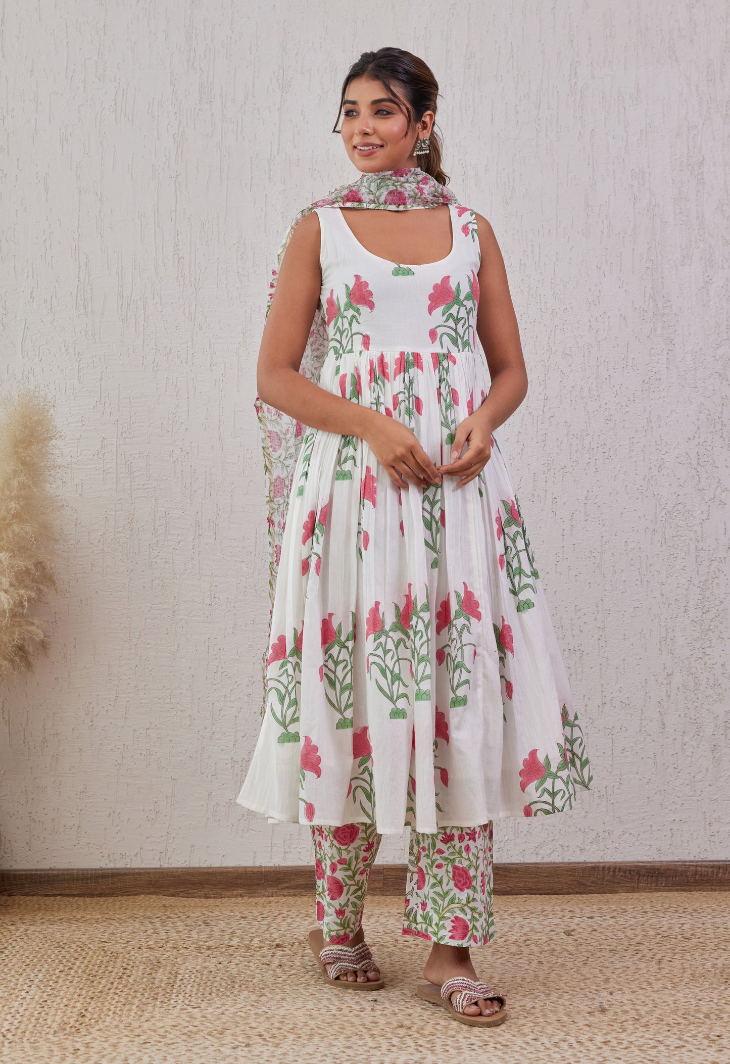 Hand block white pink/blue cotton suit