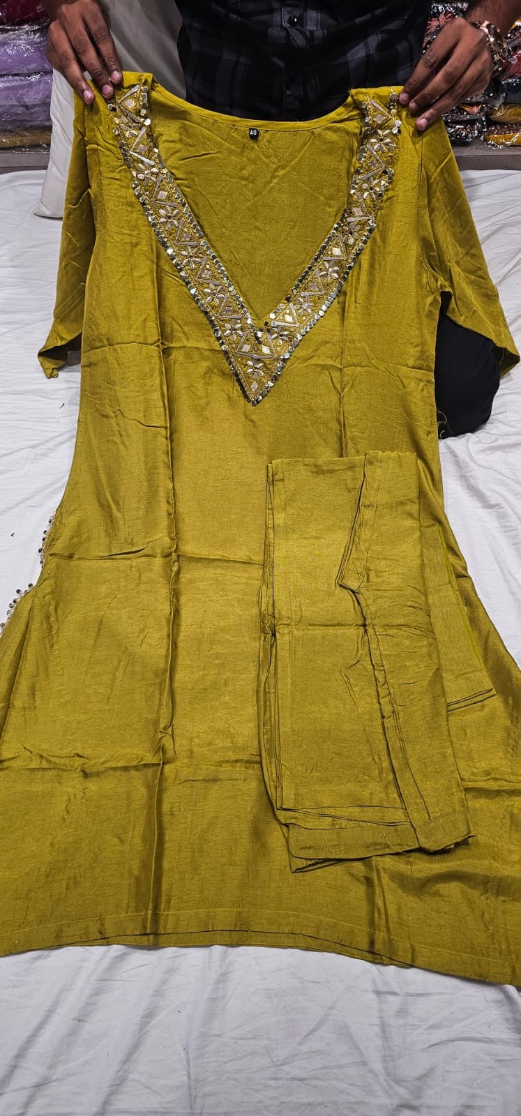 Premium green Pure chandari silk A-Line Kurta With Pant & Buster