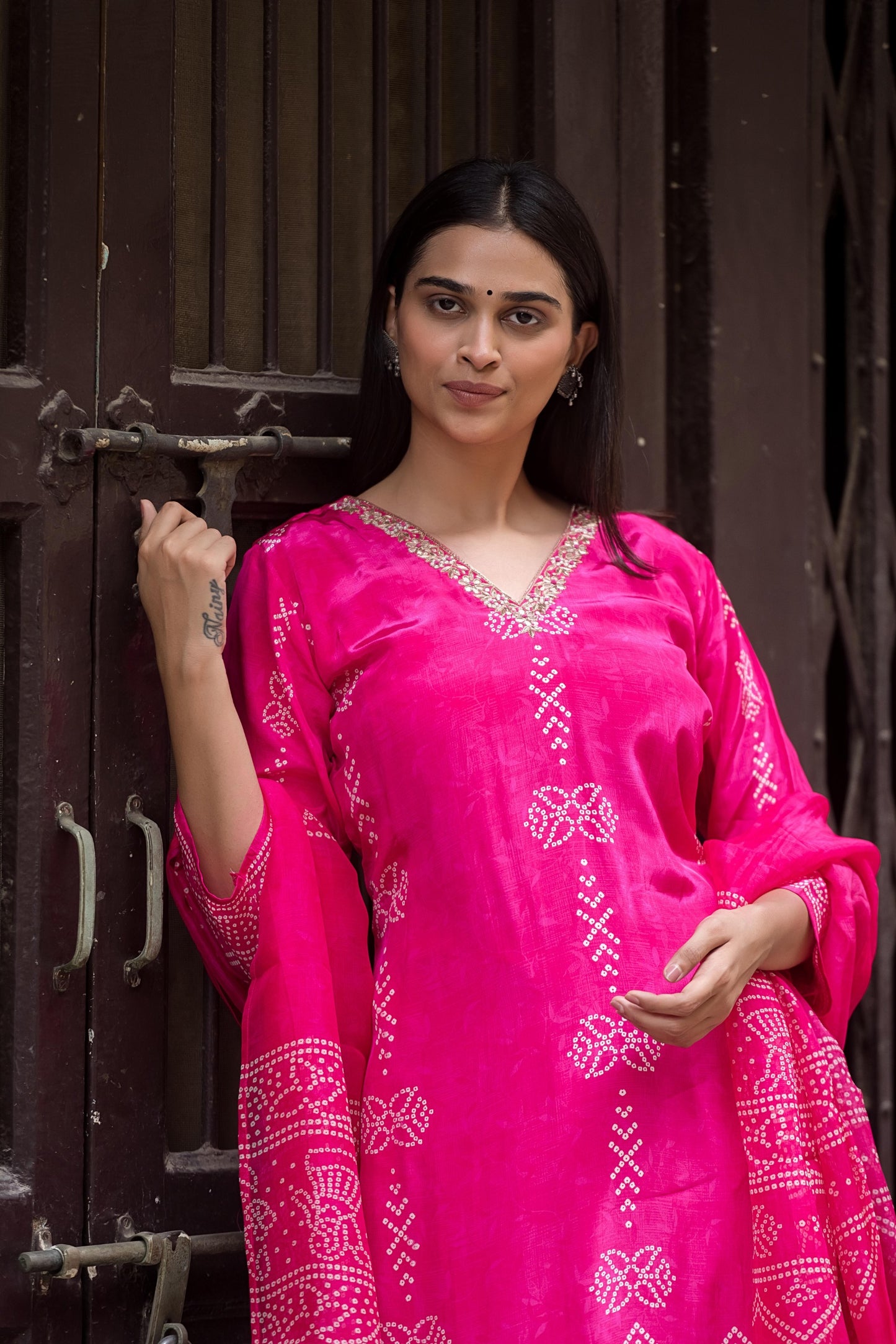 Rani pink Bandhani pure crepe suit
