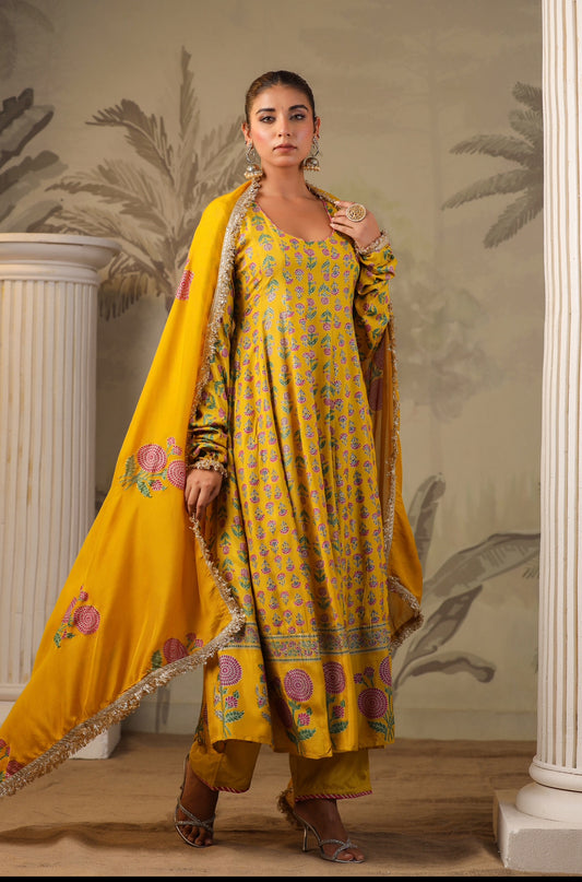 Yellow Block Print Mughal Print  Anarkali Suit