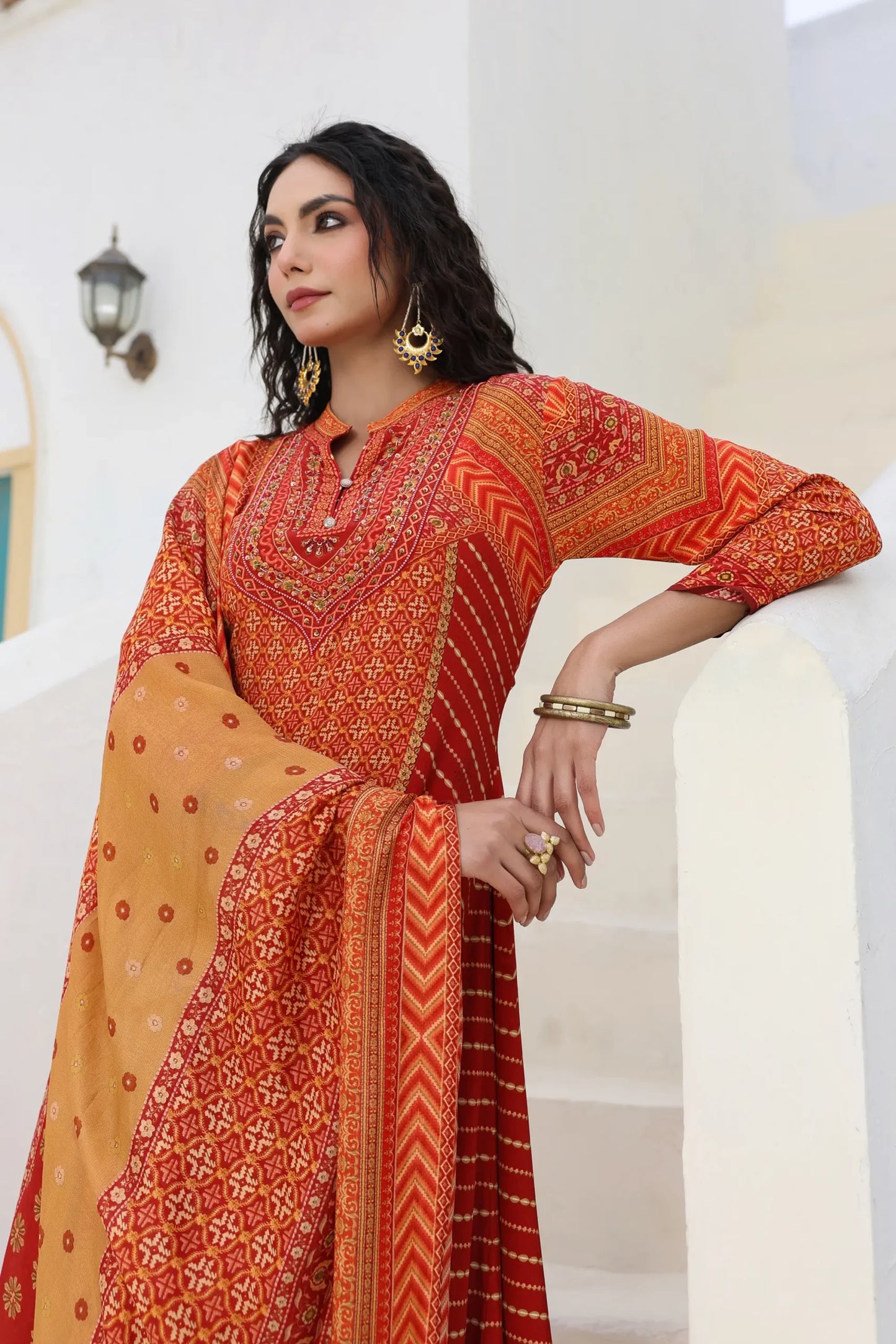 Traditional Print Straight Kurti With Pant And Printed Dupatta