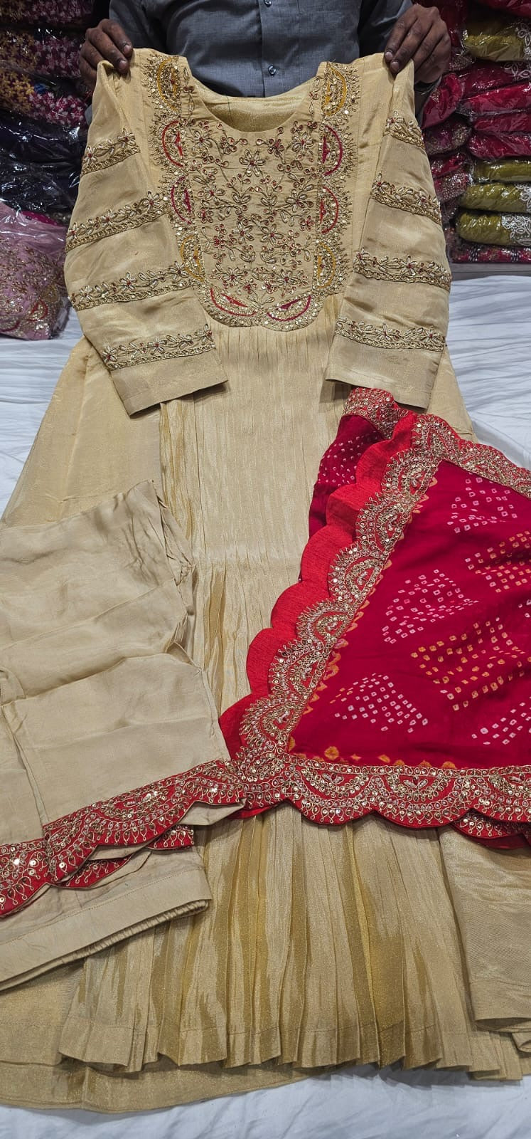 Ivory Handworked Pleated Anarkali Set with Bandhani Dupatta