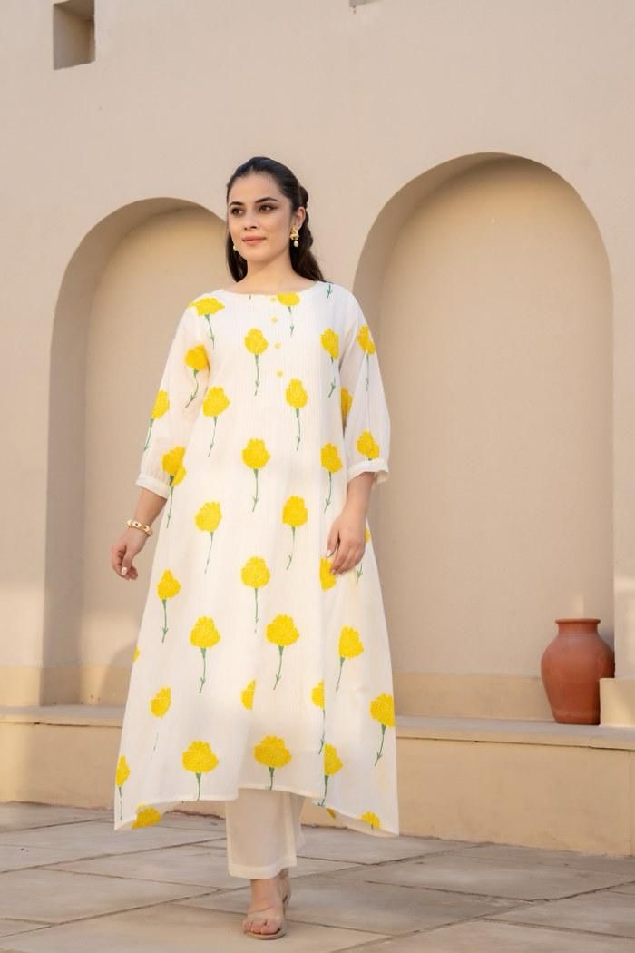 White with yellow flower cotton kurta pant