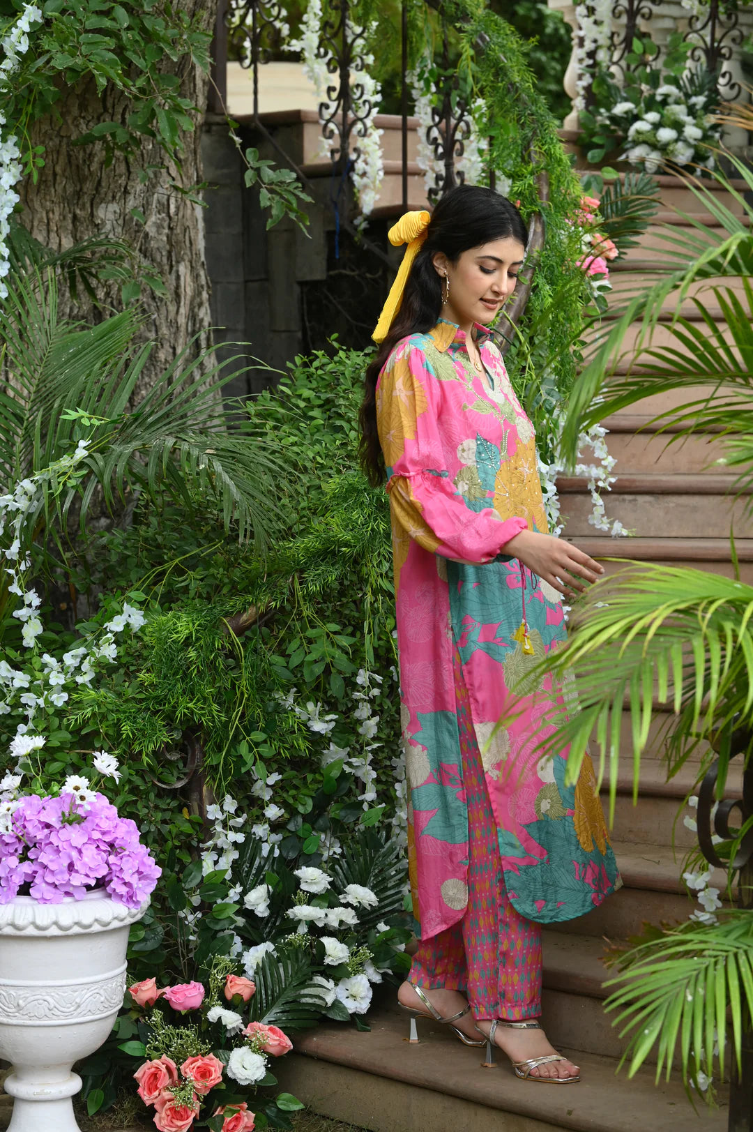 Pink Flower Muslin Kurt Set