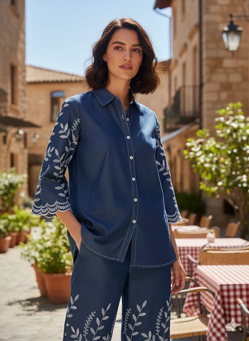 Demin cotton co ord set with embroidery