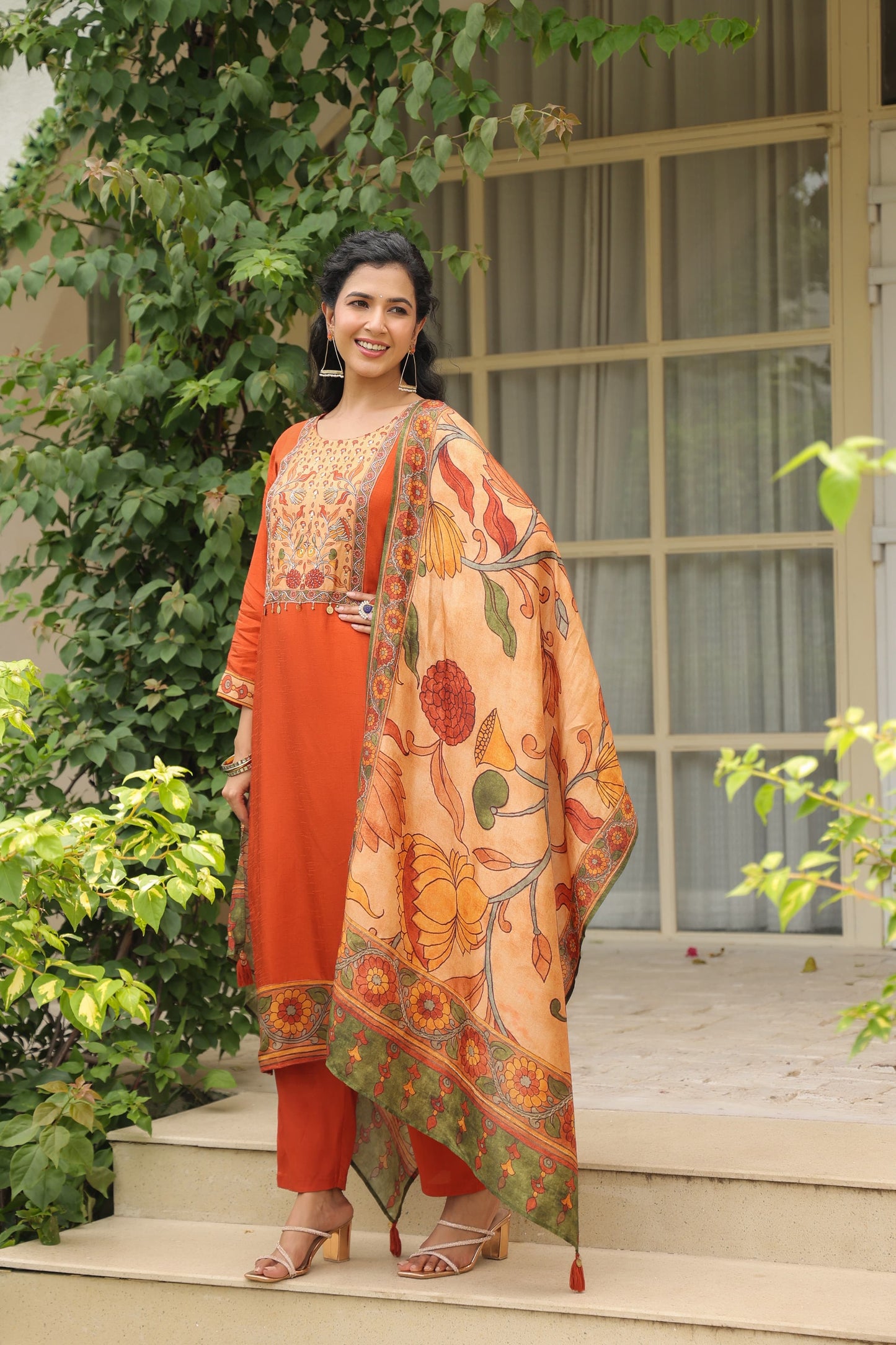 Orange silk Kamkari suit