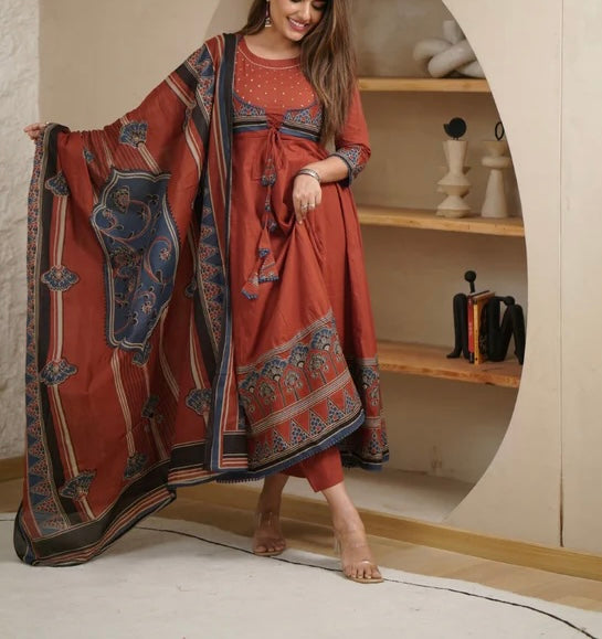 Ajrakh rust cotton Anarkali
