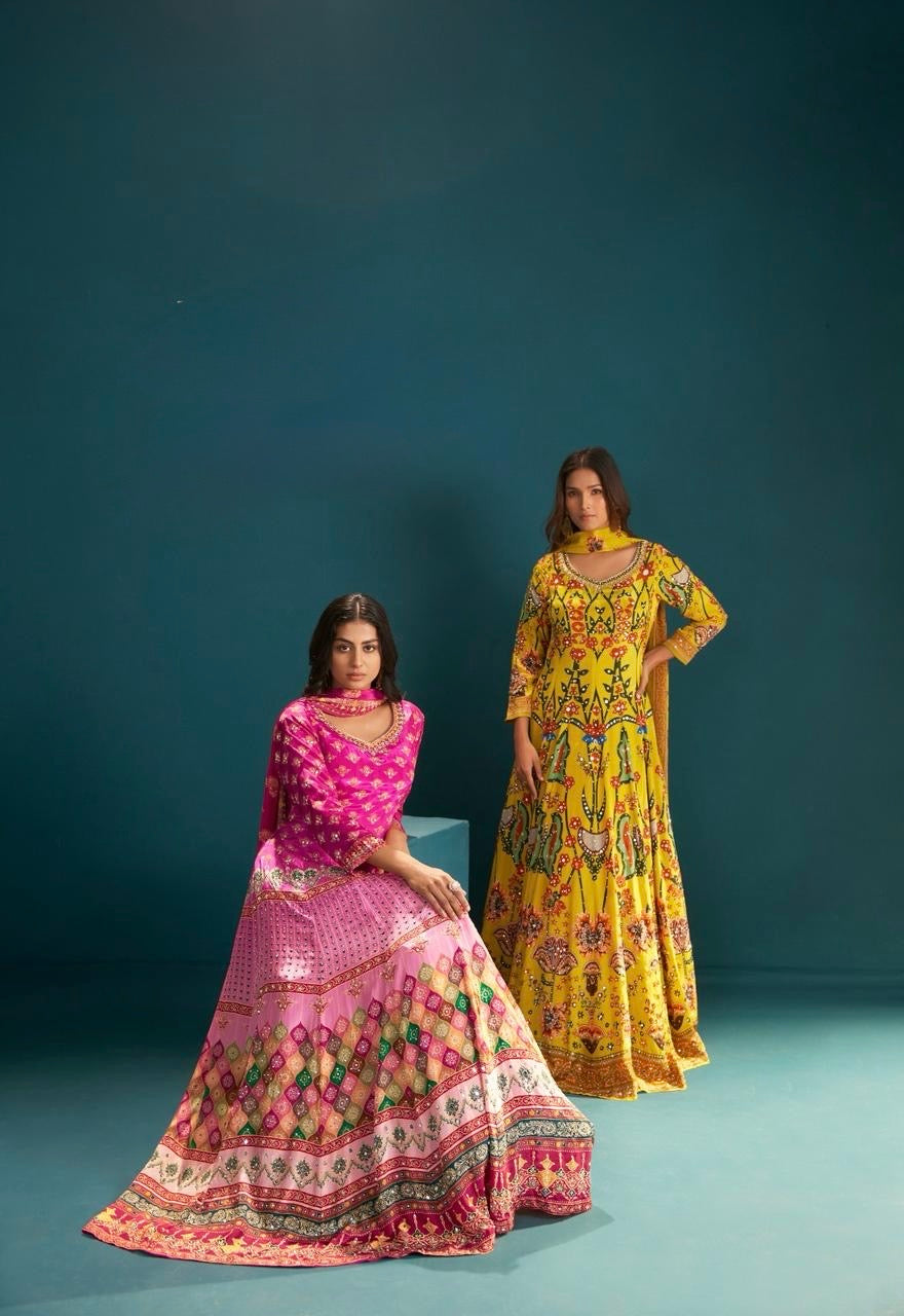 Crepe mirror Afgani and florals print gown