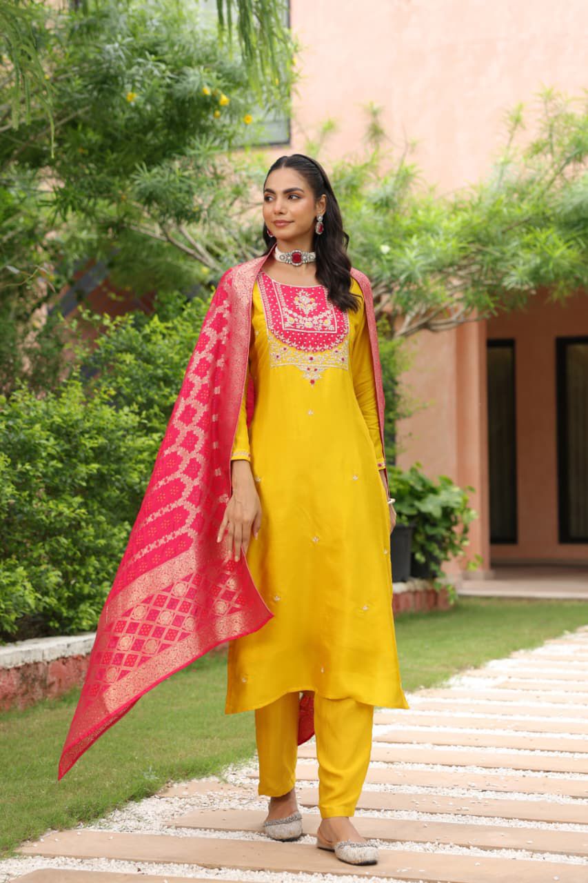 Yellow silk suit with banaras Dupatta 