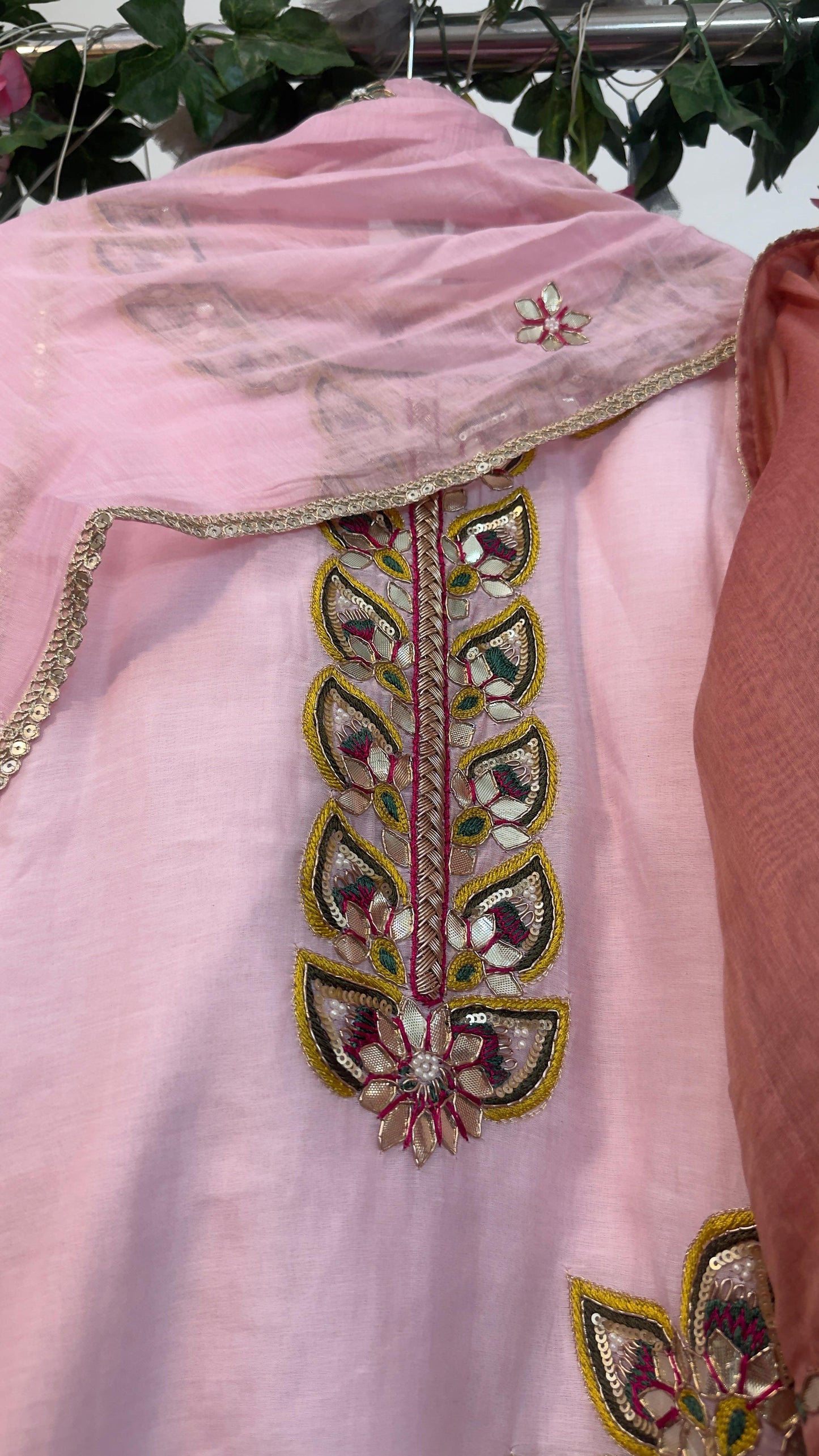 Heavy gota work satright mul chandari suit