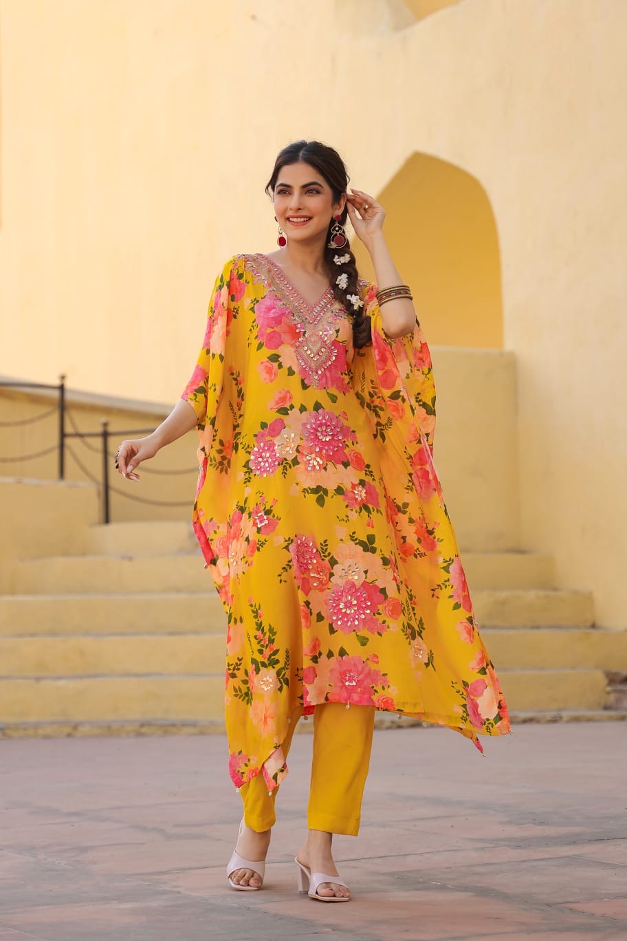 Modal kaftan pink/yellow