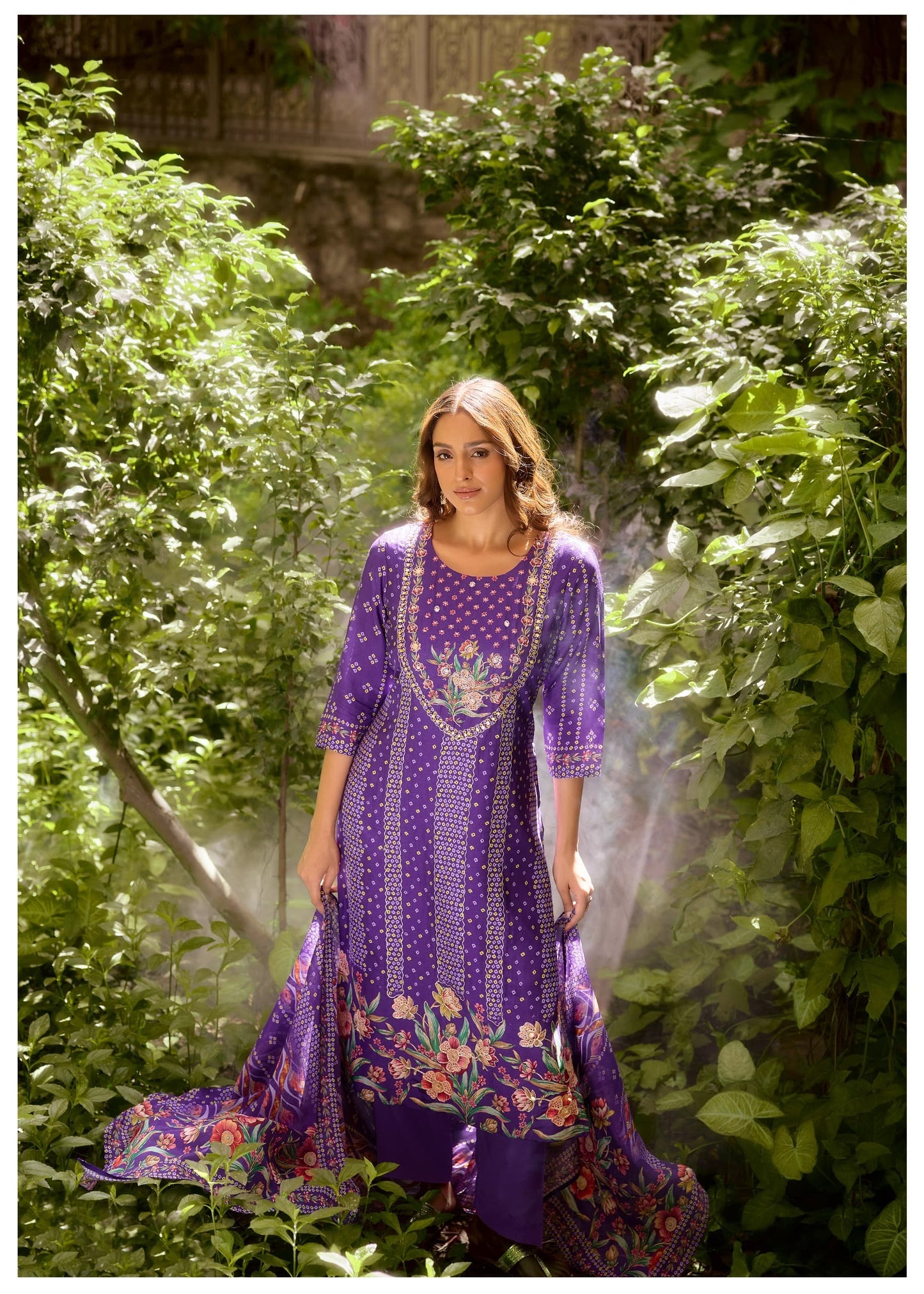 Purple Bandhani Russian silk suit
