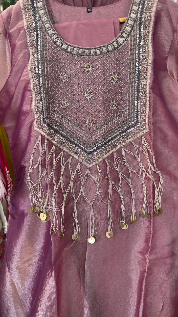 Pure metalic pink tissue Aline suit with antic Zari work