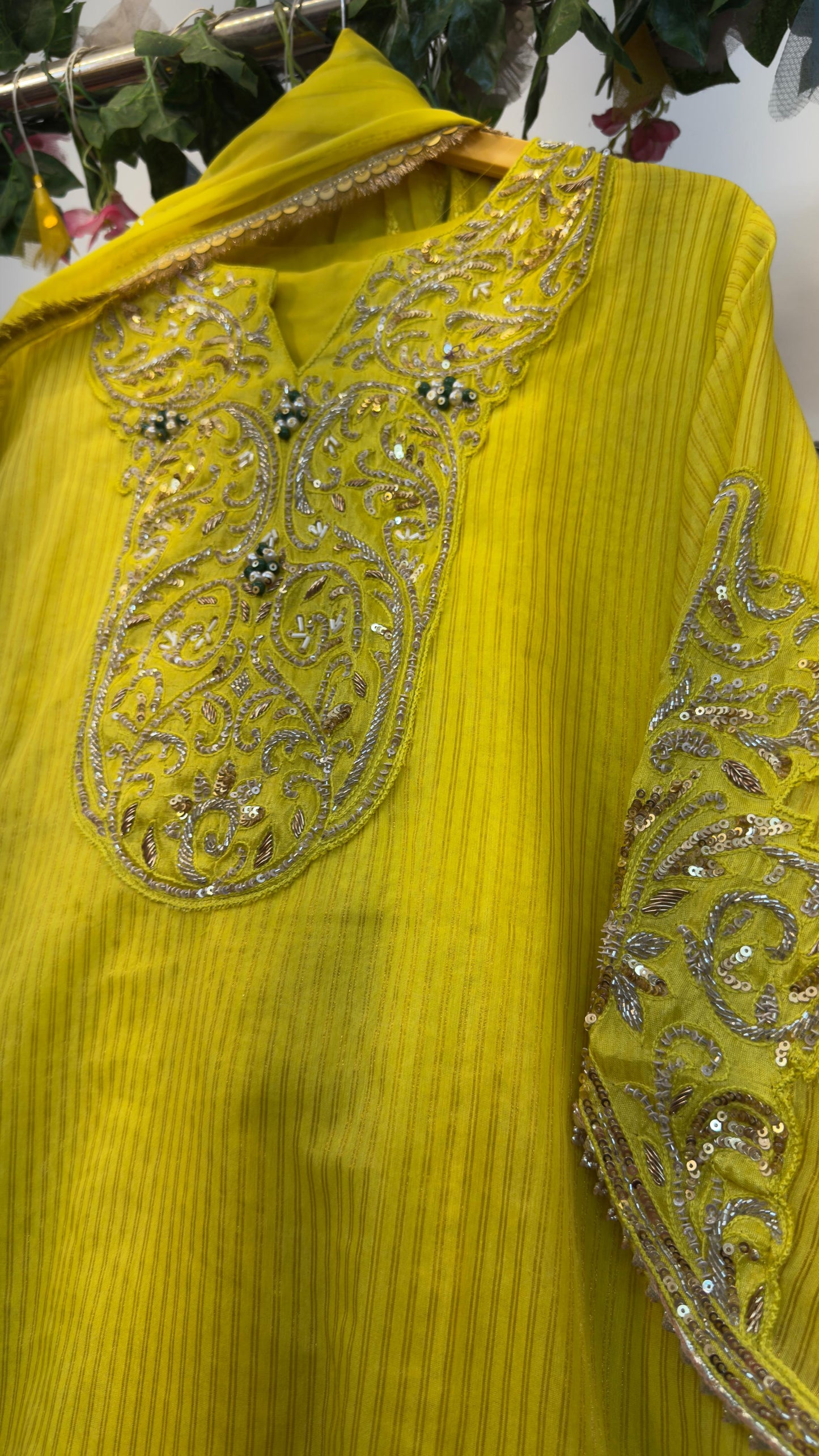 Greenish yellow apple cut sleeves with beautiful yoke and premium suit