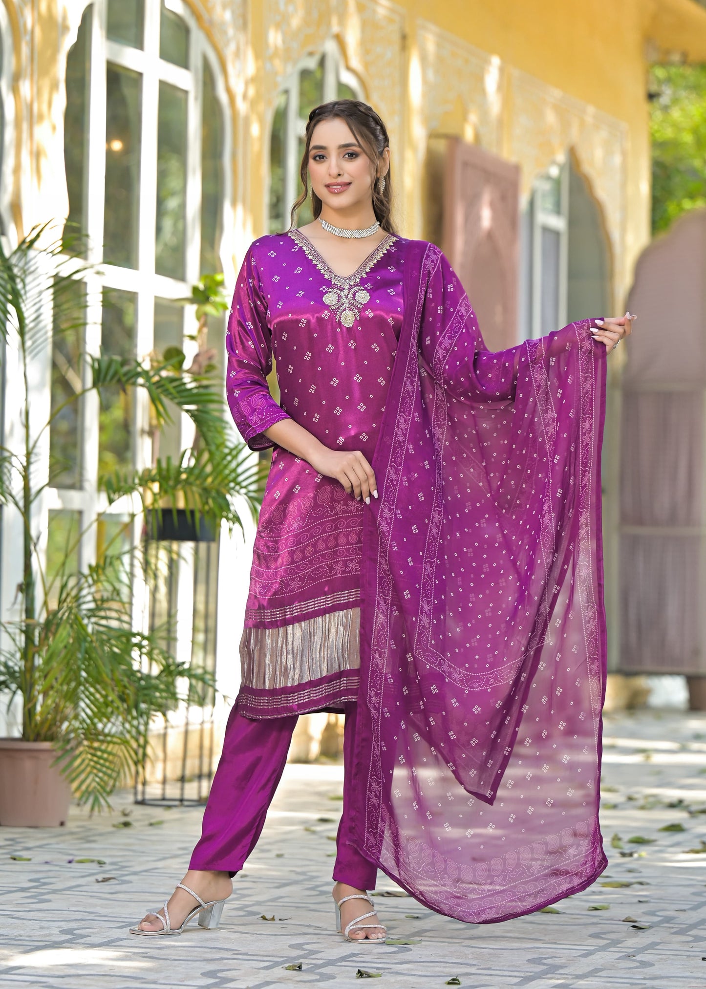 Purple Bandhani gajji suit