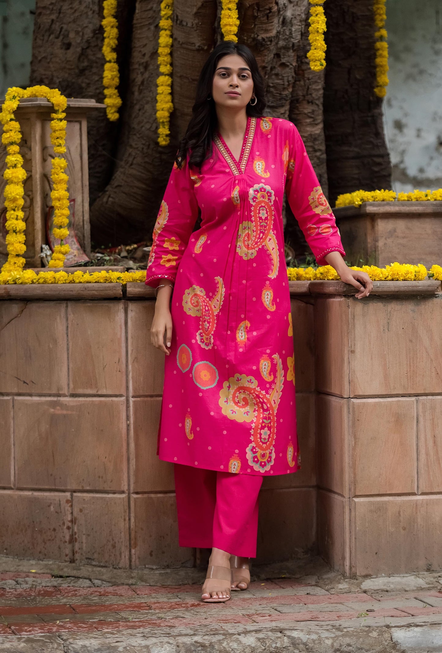 Classy pink print cotton kurta pant