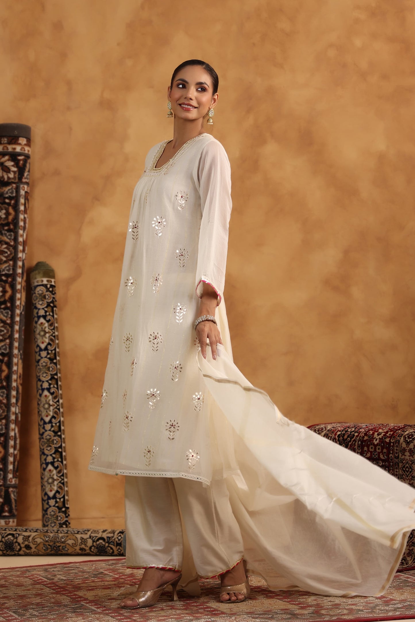Cream Beautiful gota Full Suit Set With Dupatta In Mul Chanderi Fabric