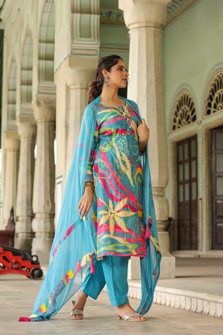 Blue and pink muslin silk