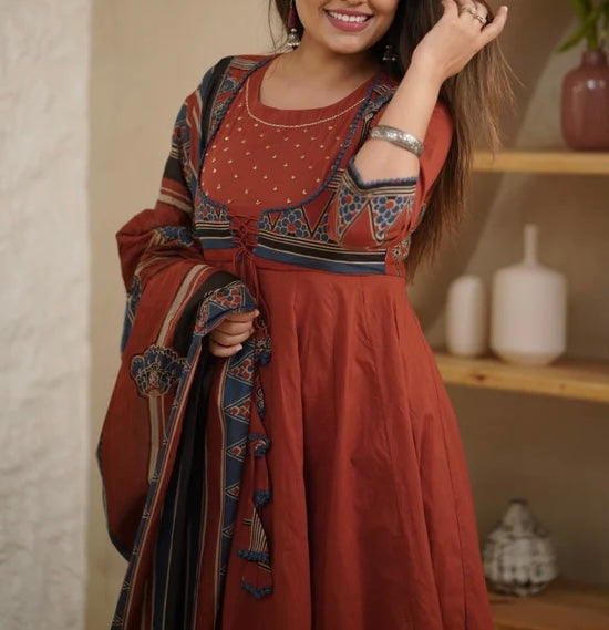 Ajrakh rust cotton Anarkali
