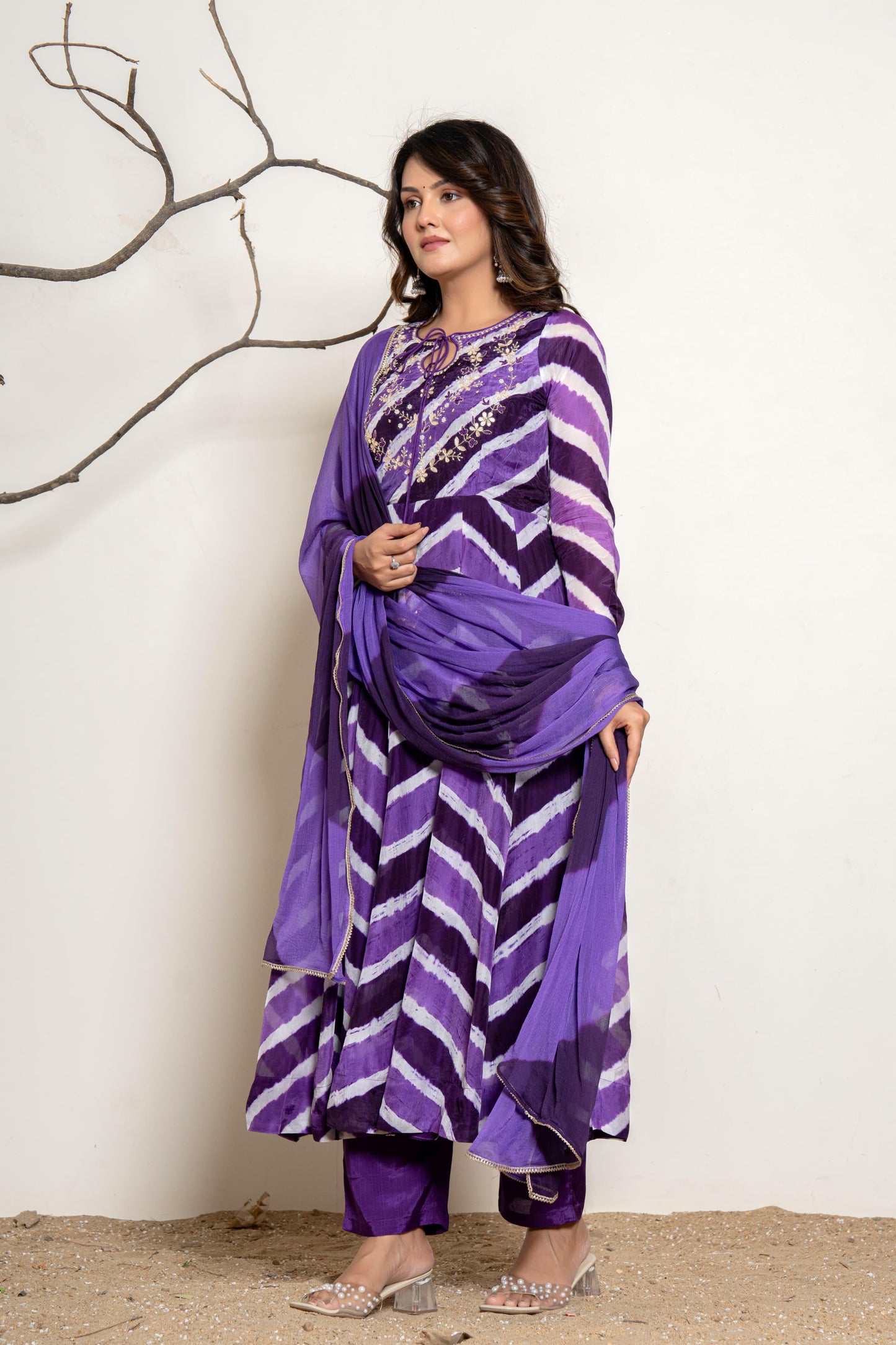 Purple lehriya crepe Anarkali