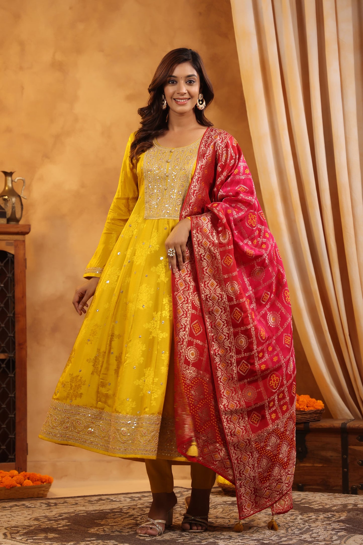 Yellow silk gharchola duppata