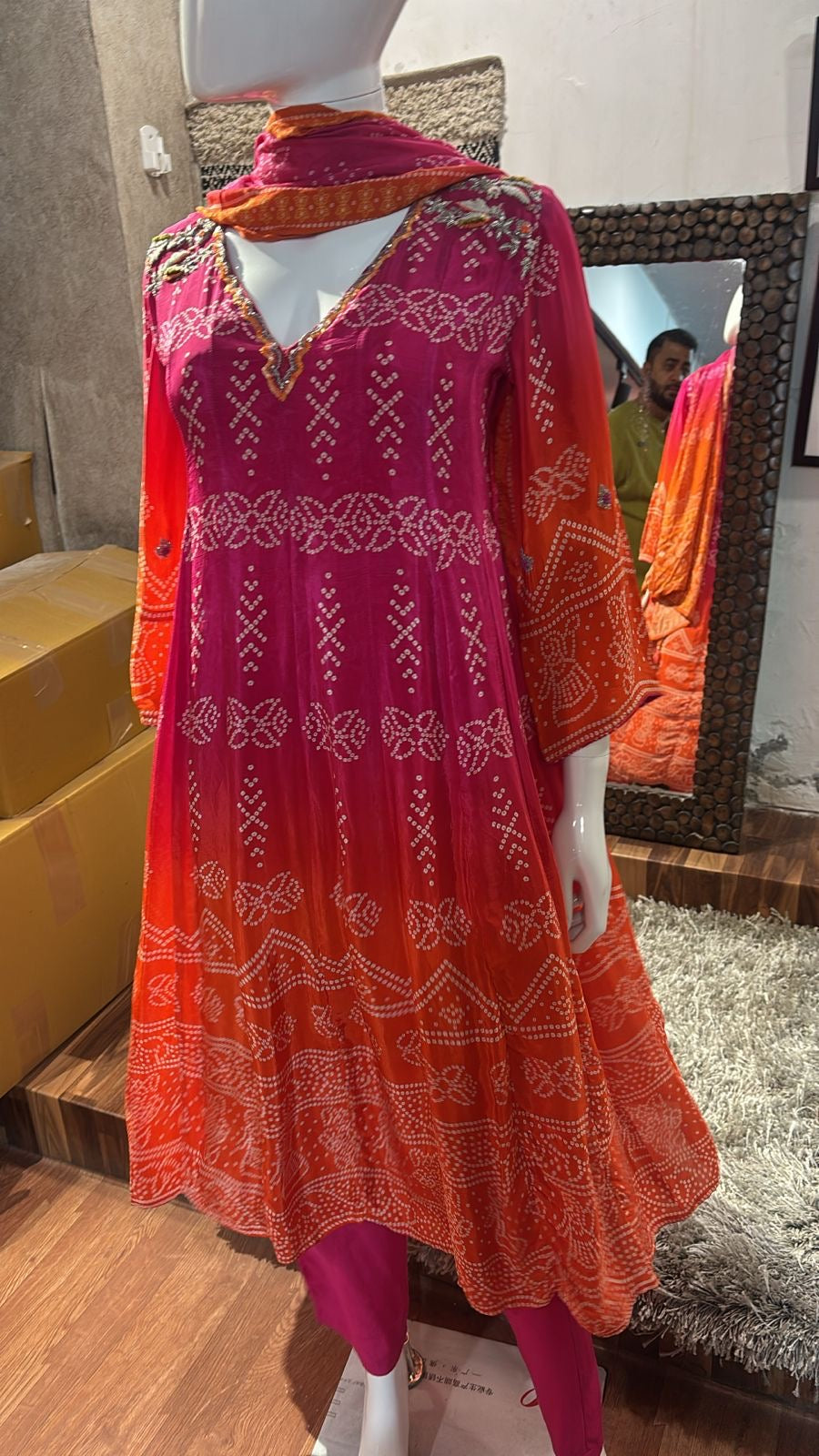 Pink orange Bandhani crepe Aline suit