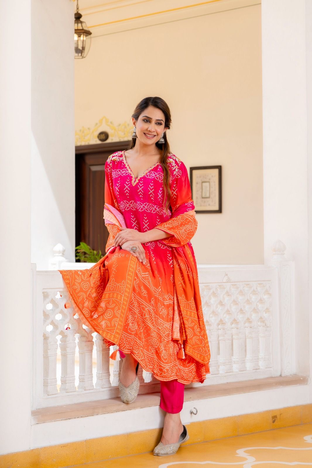 Pink orange Bandhani crepe Aline suit