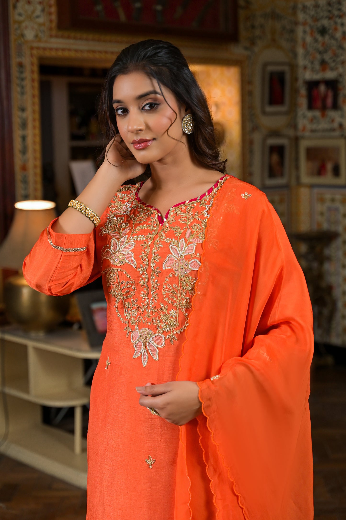 Orange silk hand work suit