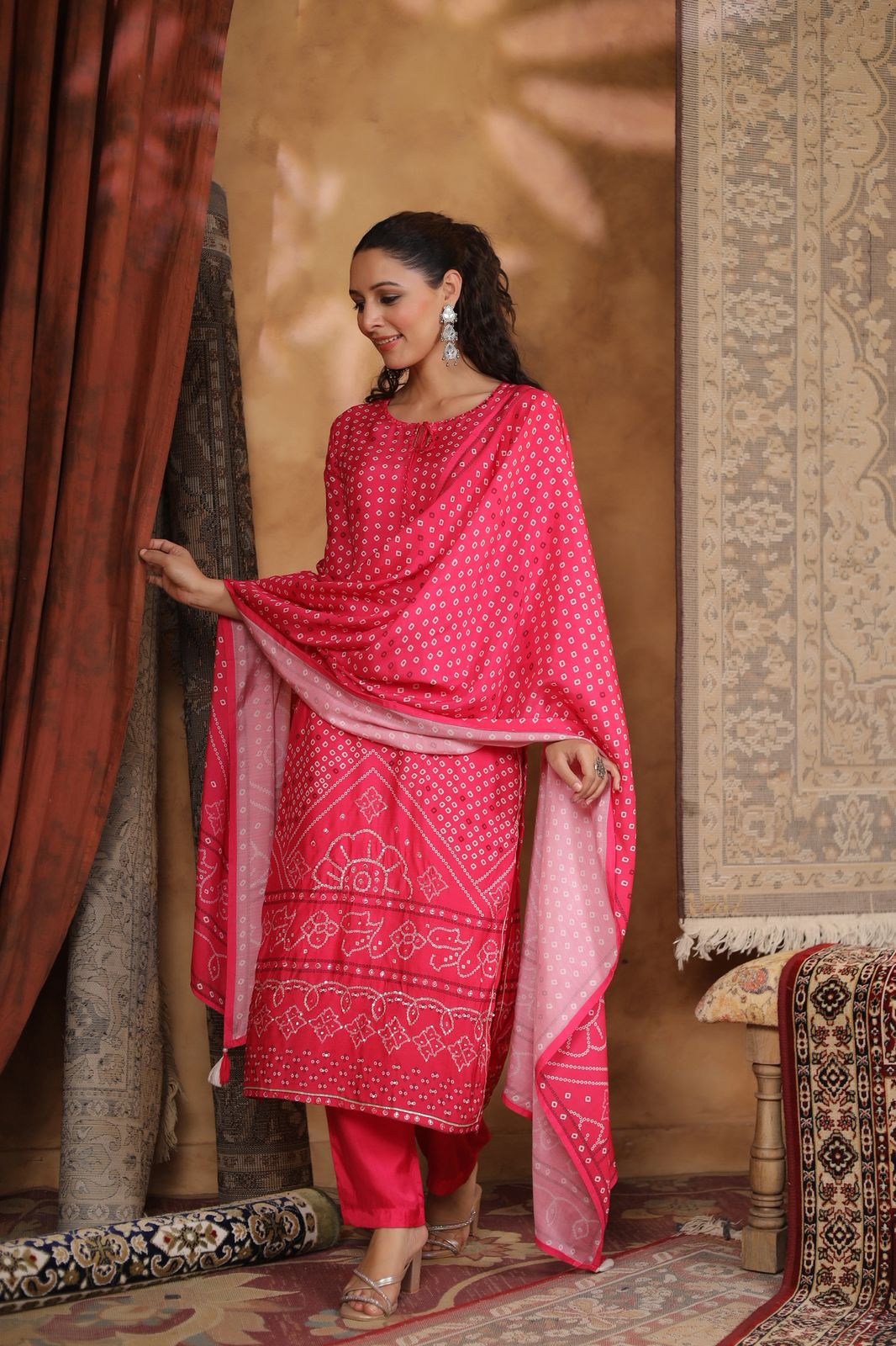 Pink Bandhani muslin silk suit