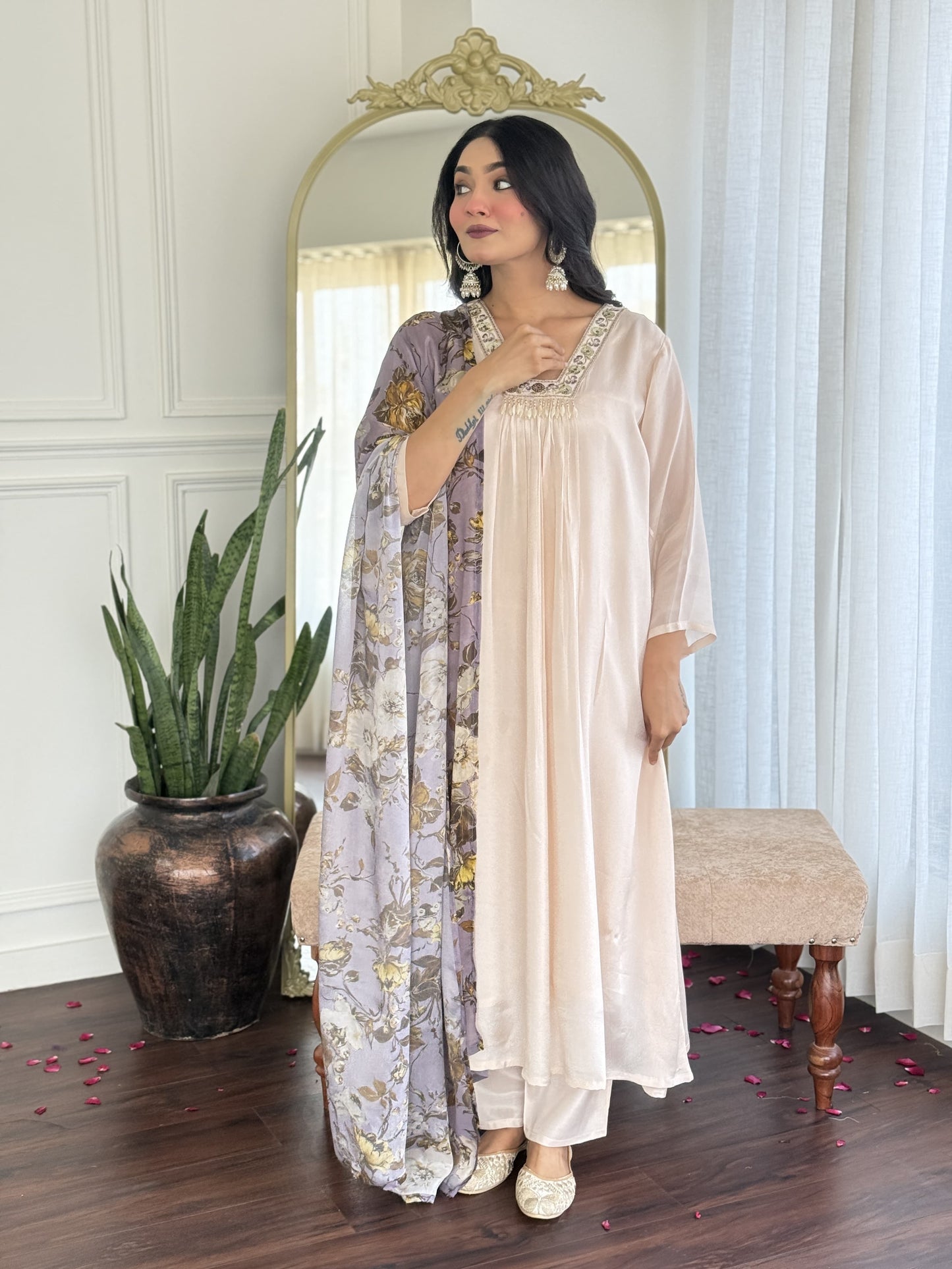 Ivory purple chinon Aline suit