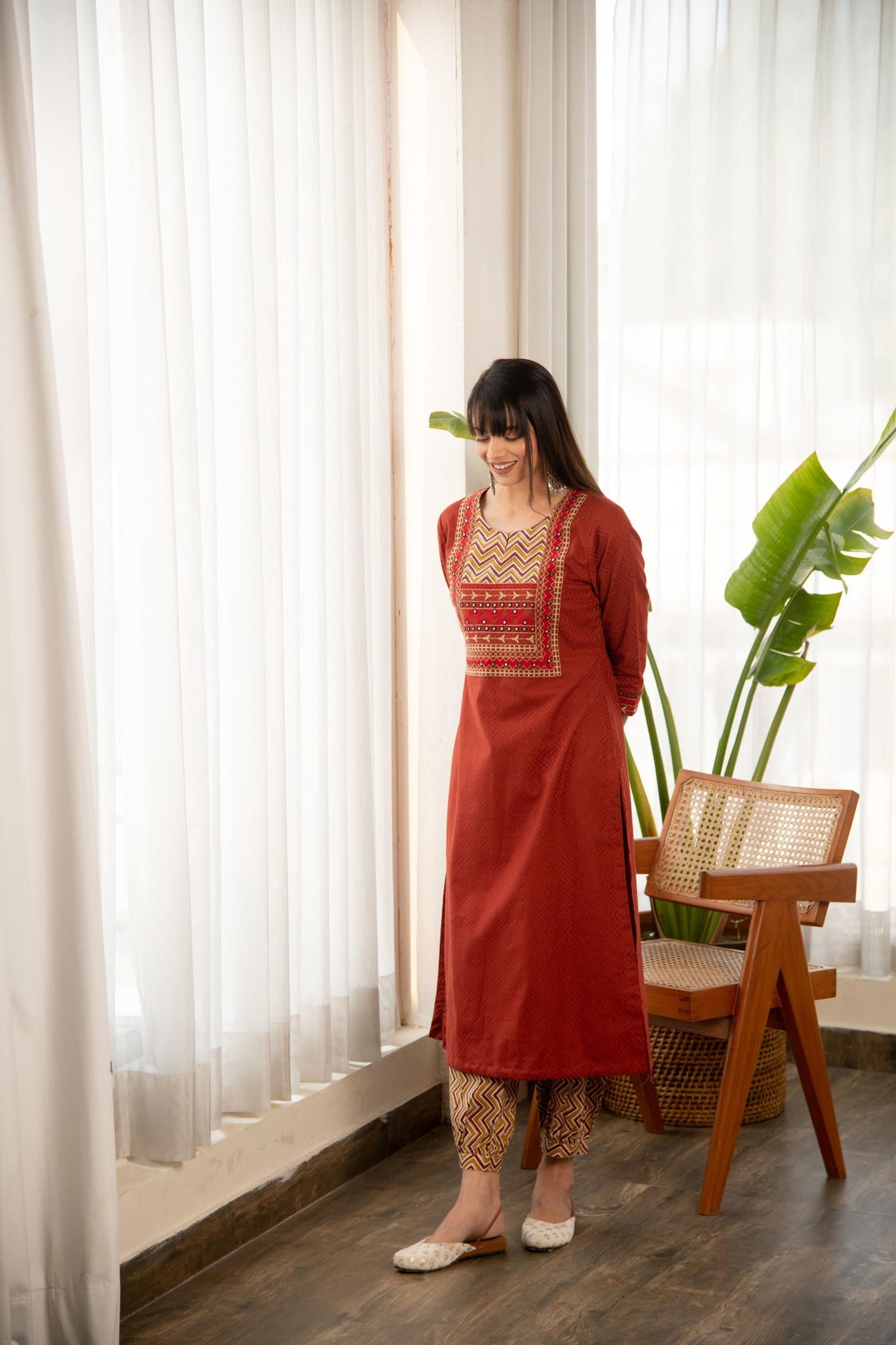 Rust Dobby Straight Kurta with Afghani bottom