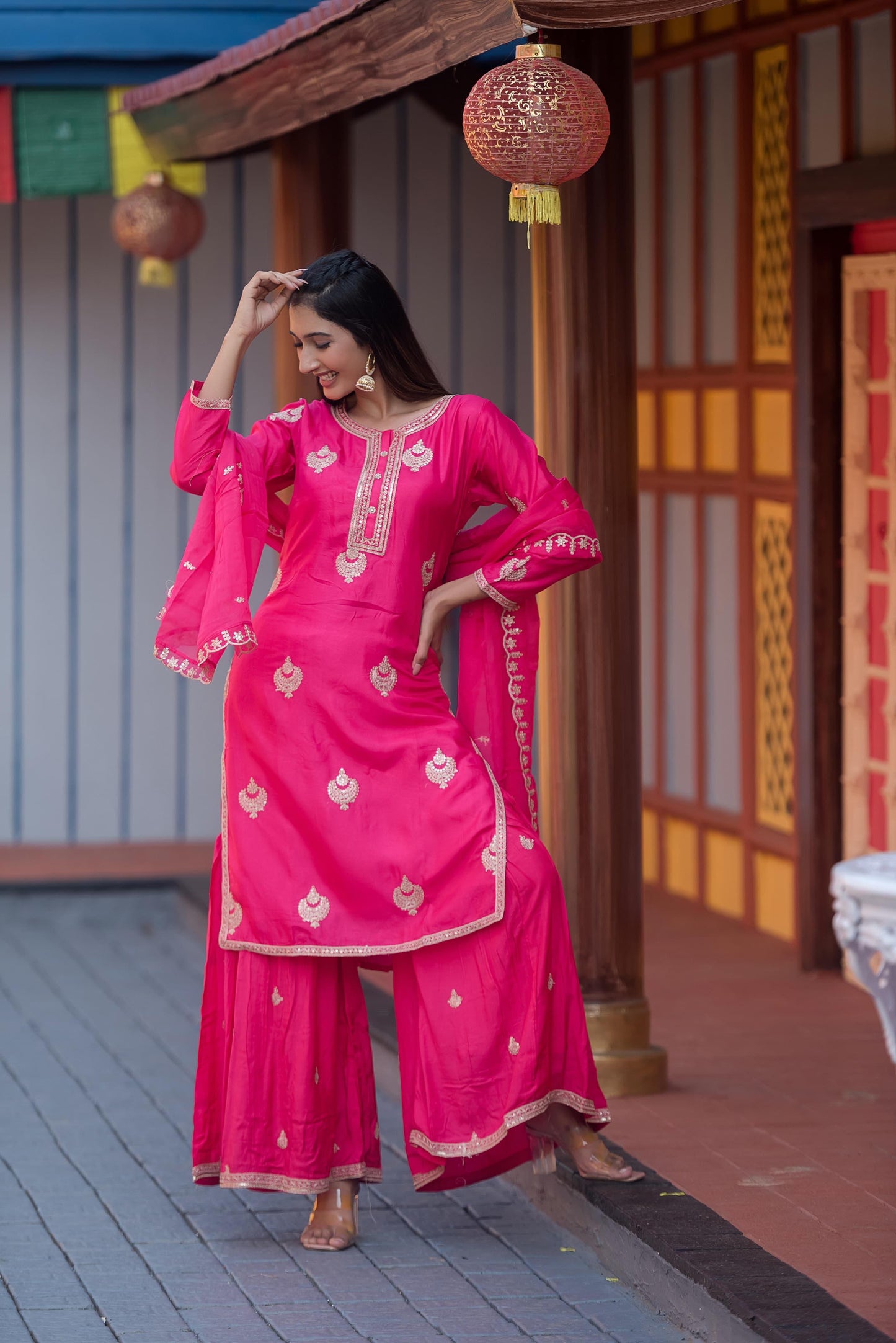 Chand Bali sharara set ( yellow/pink/green)