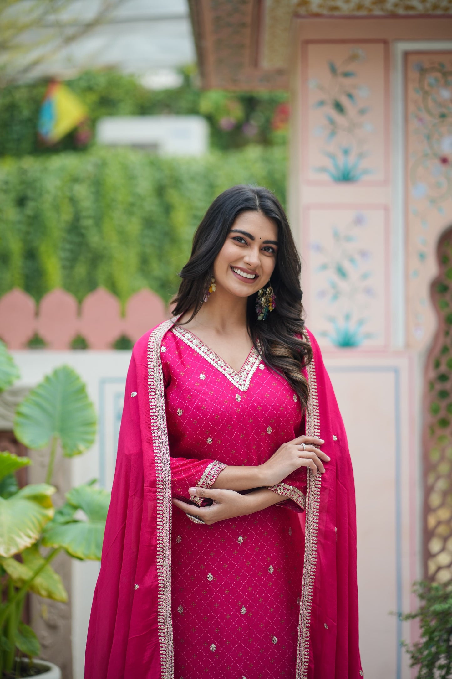 Bandhani pink chinon suit