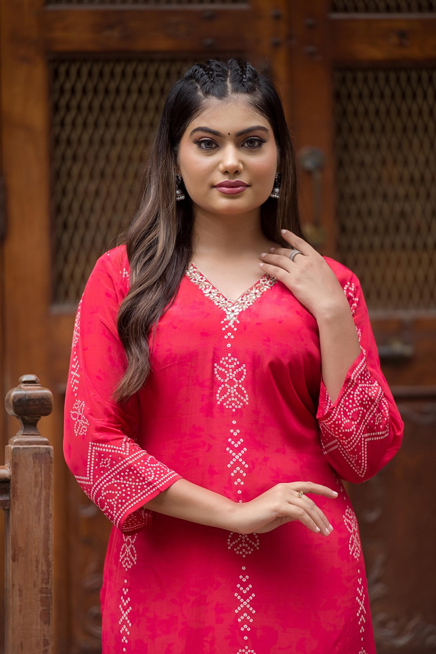 Red Bandhani pure crepe suit
